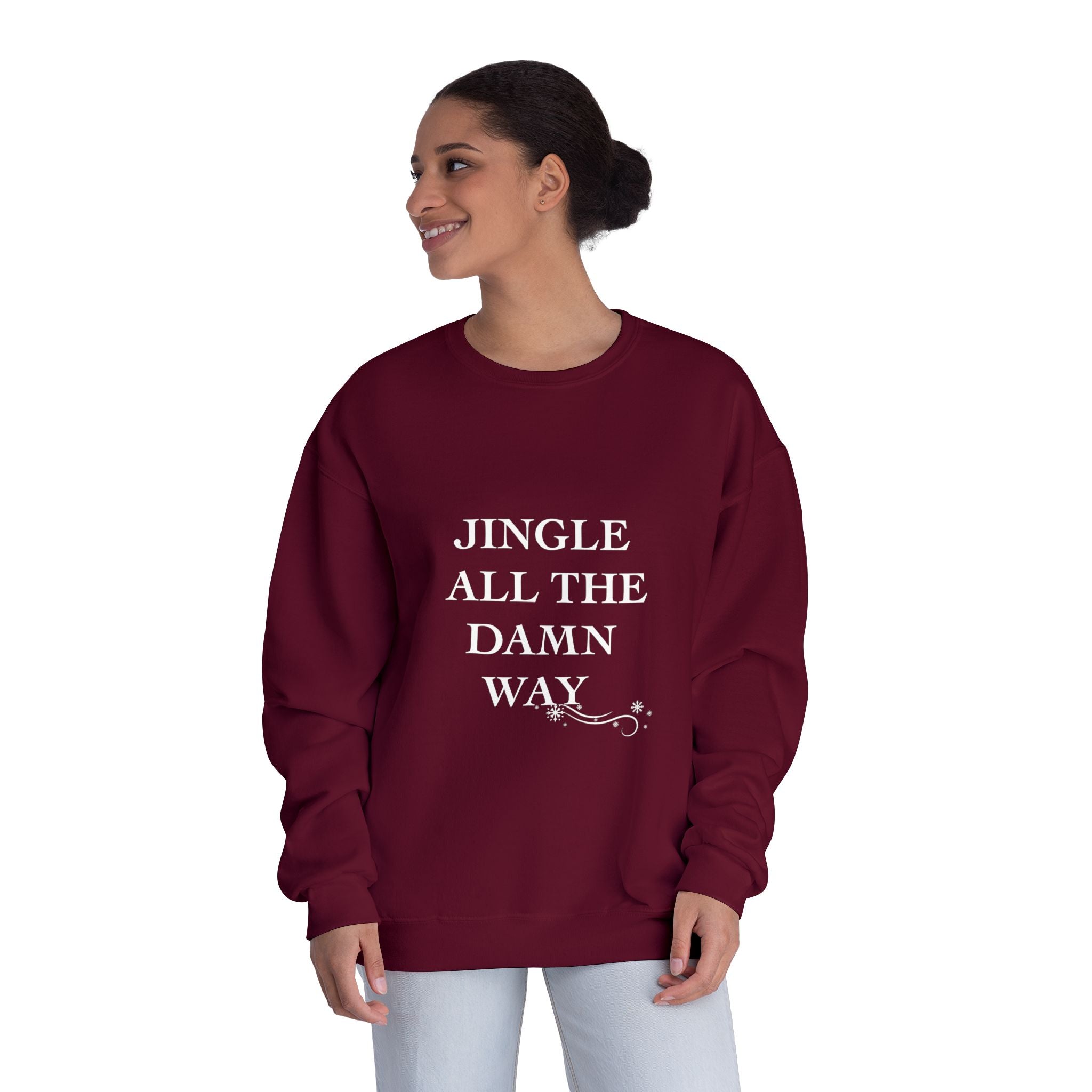 Person wearing a maroon sweatshirt with 'Jingle All The Damn Way' text on a white background