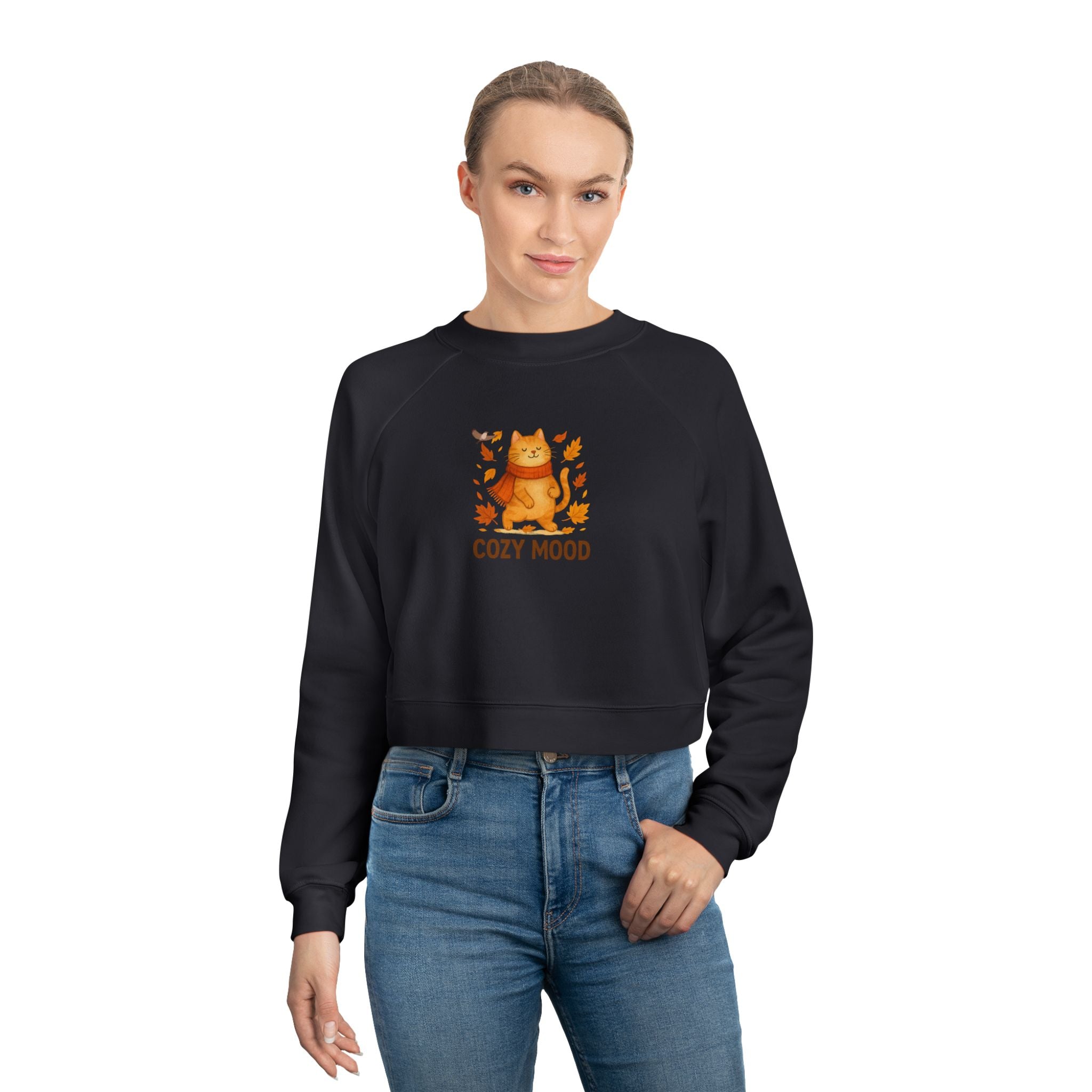 Cat Lover Cropped Fleece Pullover – Women’s Cozy Sweatshirt for Fall Fashion & Gifts