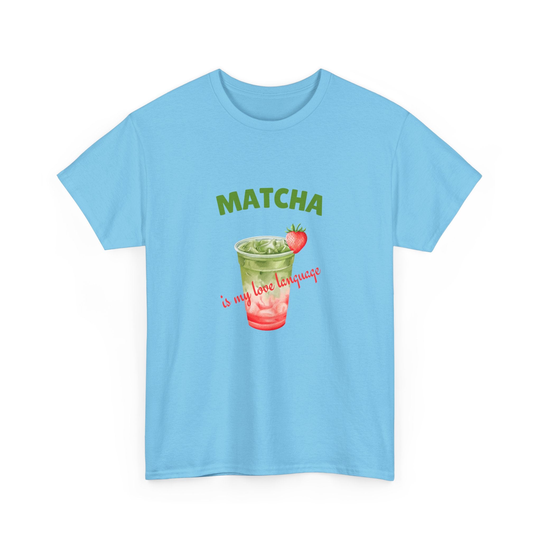 Light blue t-shirt with matcha graphic and text on a white background