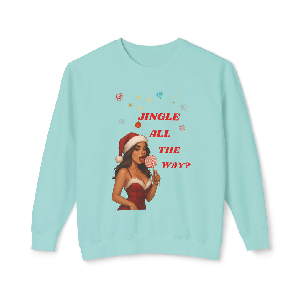 Light blue sweatshirt with Christmas-themed design featuring a woman in a Santa hat and candy cane, with text 'Jingle All The Way'.