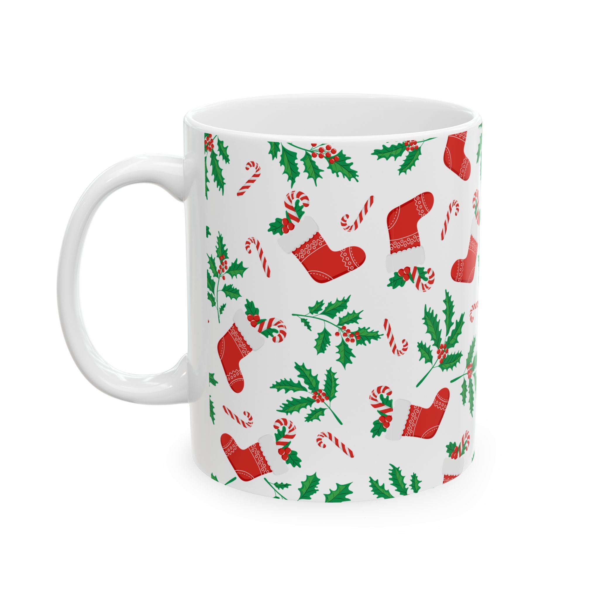 Christmas Stocking & Candy Cane Ceramic Mug — Holiday Pattern Coffee Cup (11oz, 15oz)
