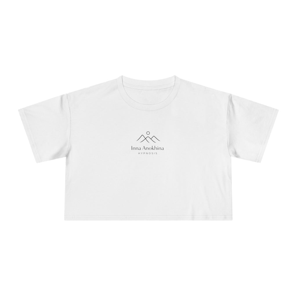 White t-shirt with a logo on a white background