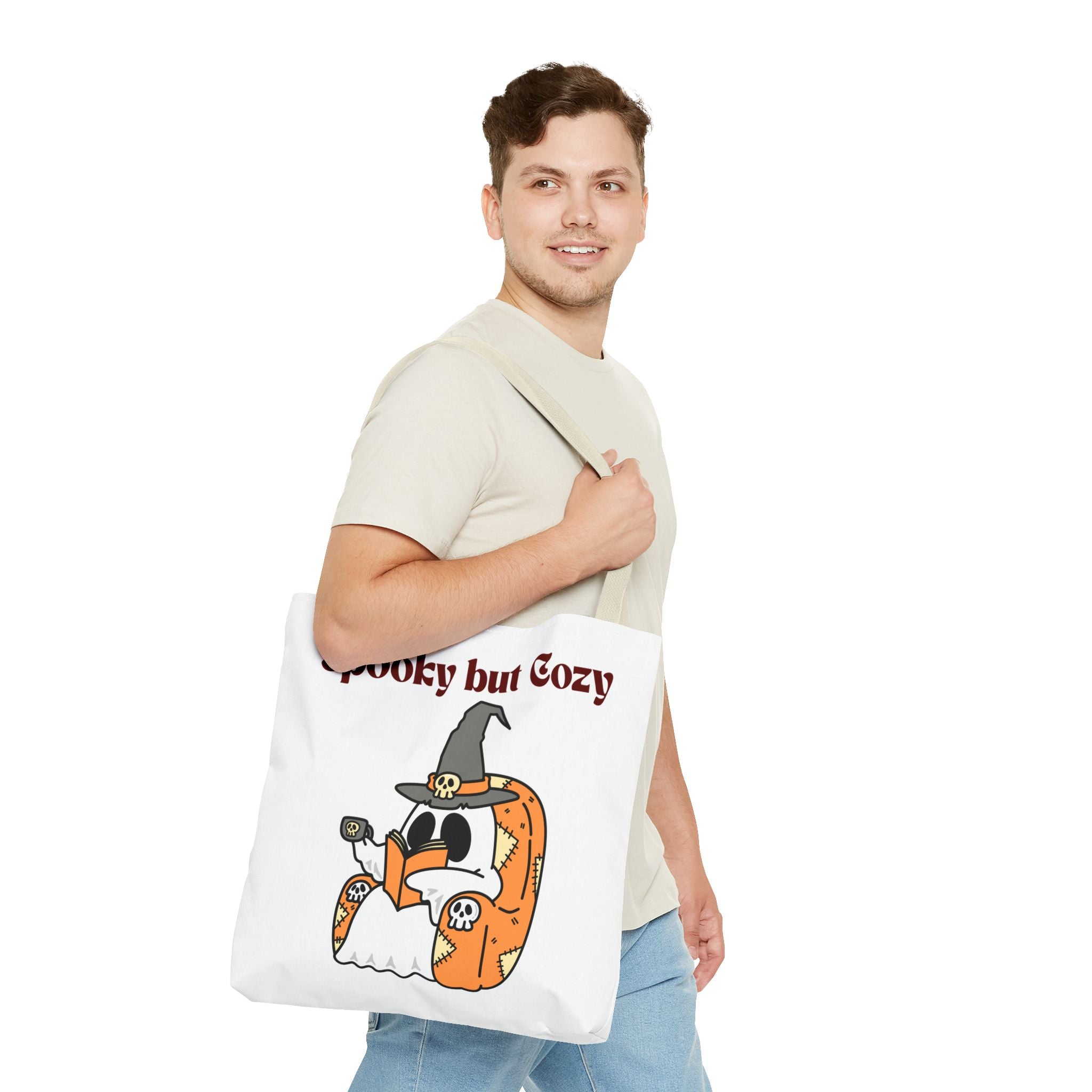 Spooky but Cozy Tote Bag | Fall Halloween Canvas Bag | Fun Gift for Witches, Ghost Lovers & Pumpkin Spice Fans