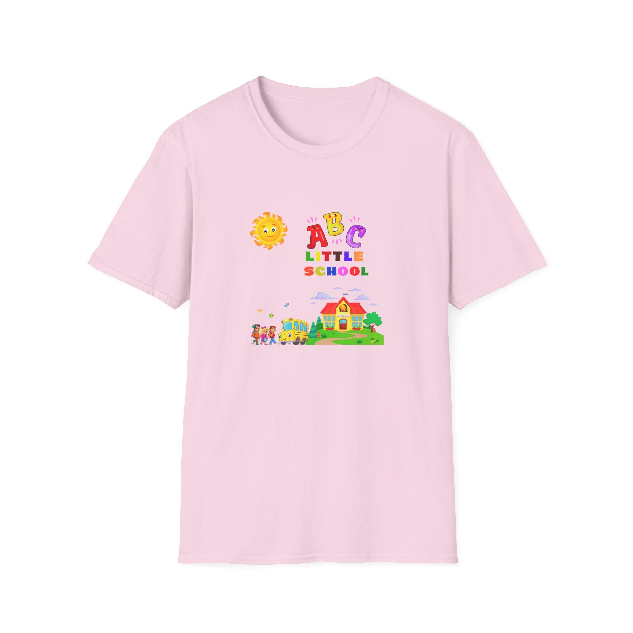 Pink t-shirt with colorful 'ABC Little School' design on a white background