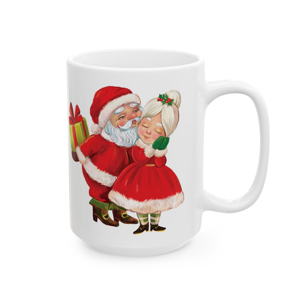 White mug with a festive design of Santa Claus and a woman holding a gift on a white background