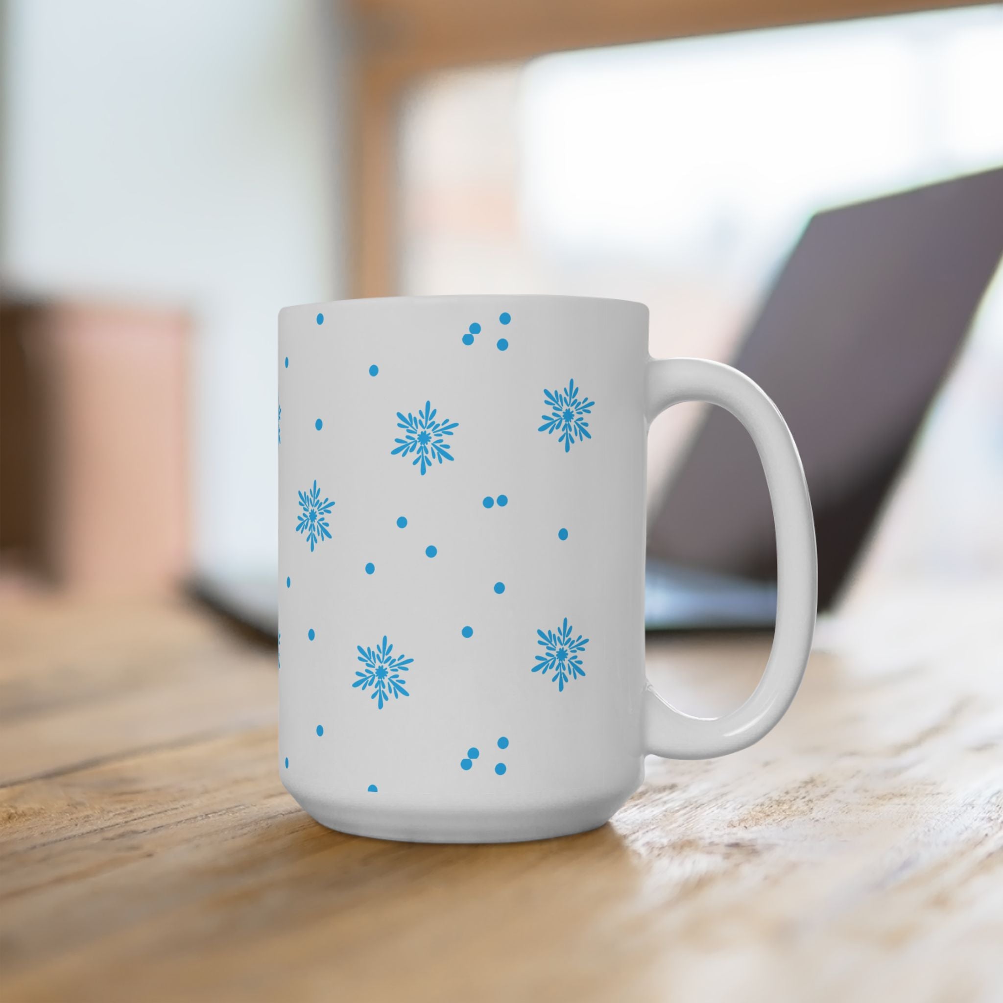 Snowflake Pattern Ceramic Mug – Blue Winter Coffee Cup (11oz & 15oz)