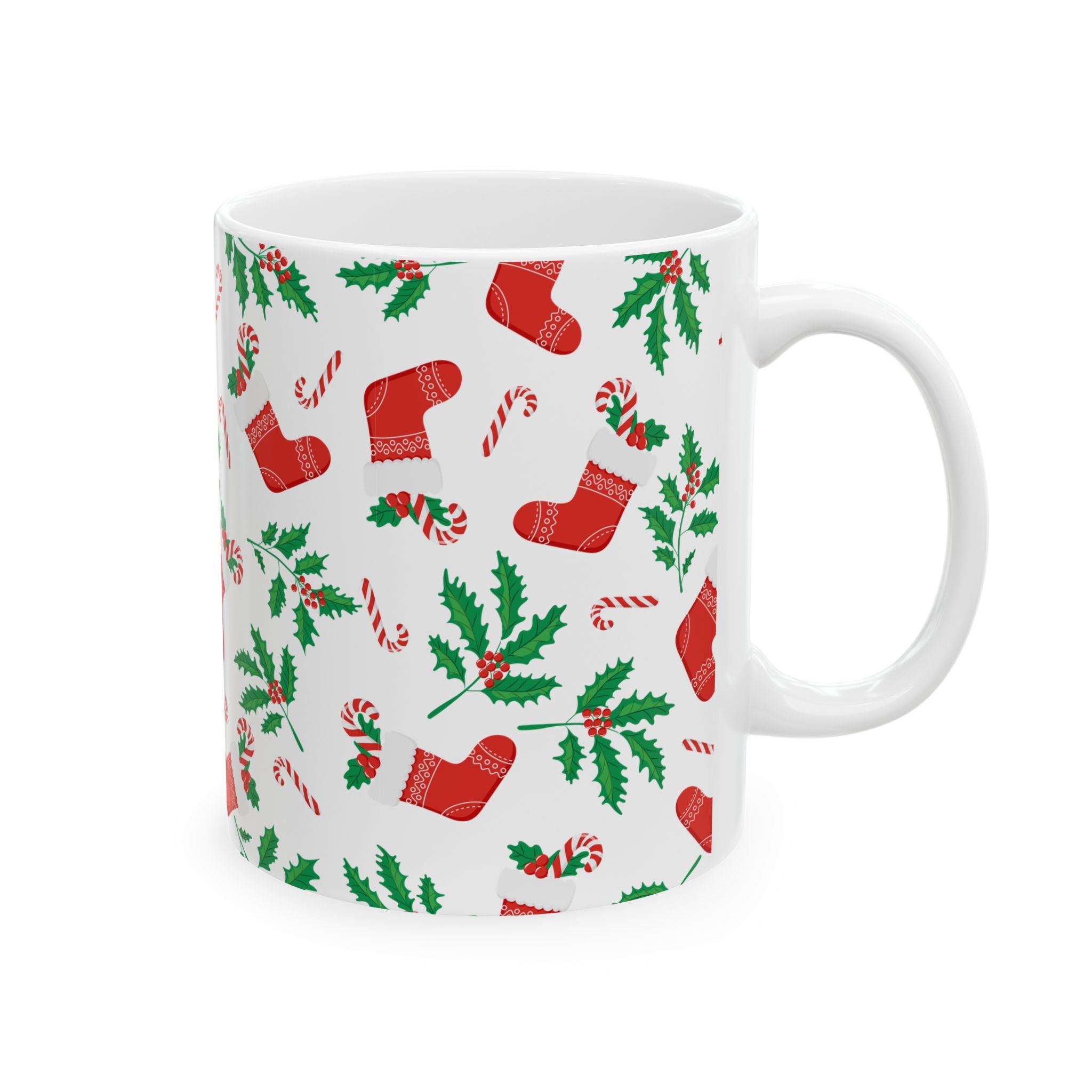 Christmas Stocking & Candy Cane Ceramic Mug — Holiday Pattern Coffee Cup (11oz, 15oz)