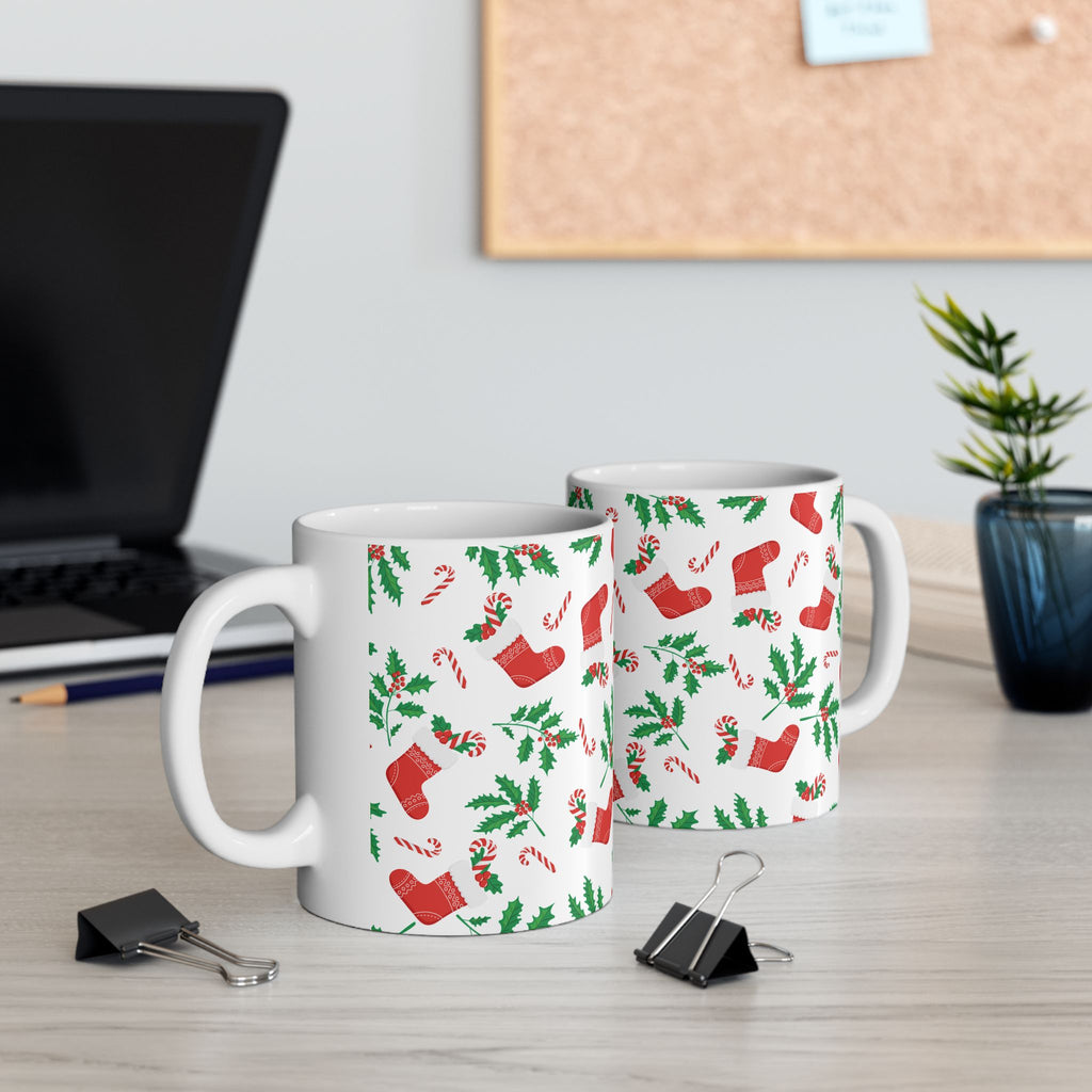 Christmas Stocking & Candy Cane Ceramic Mug — Holiday Pattern Coffee Cup (11oz, 15oz)