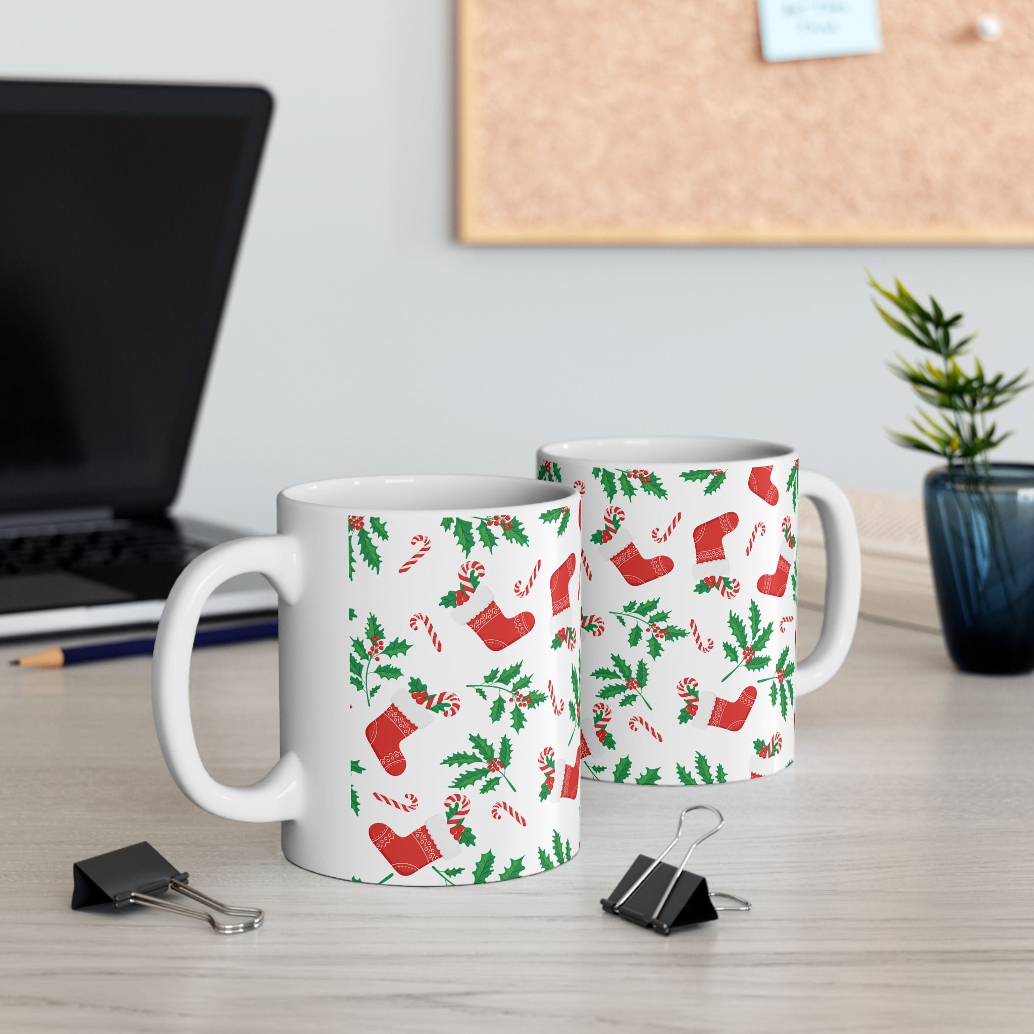 Christmas Stocking & Candy Cane Ceramic Mug — Holiday Pattern Coffee Cup (11oz, 15oz)