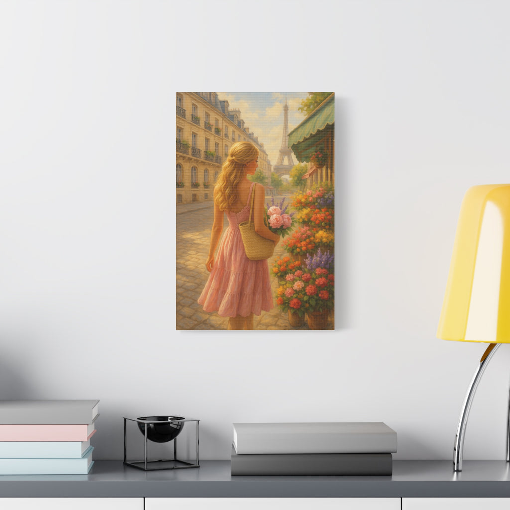 Framed artwork of a woman in a pink dress holding flowers on a Paris street, displayed on a shelf.