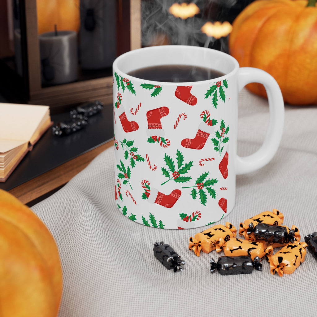Christmas Stocking & Candy Cane Ceramic Mug — Holiday Pattern Coffee Cup (11oz, 15oz)
