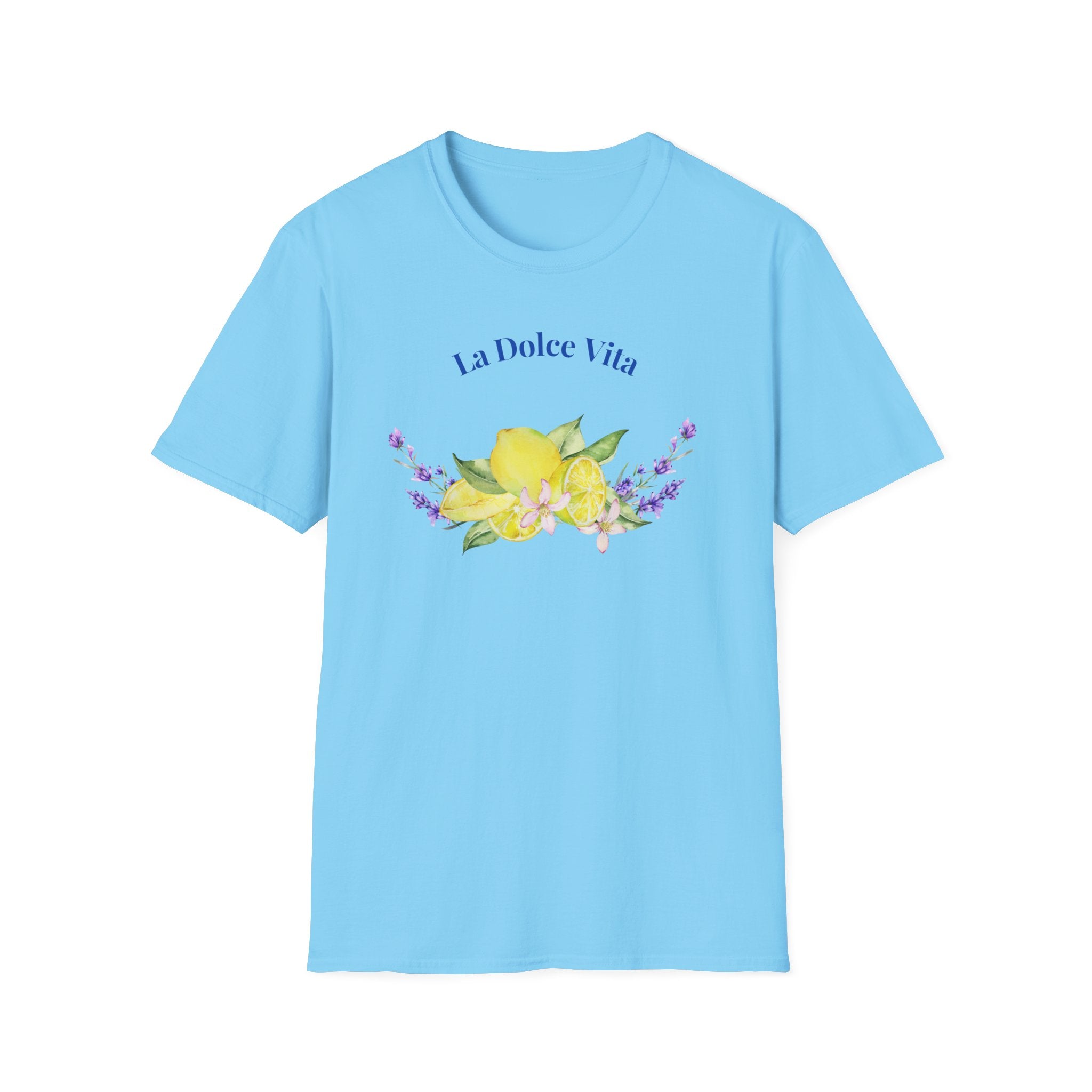 Light blue t-shirt with floral design and 'La Dolce Vita' text on a white background