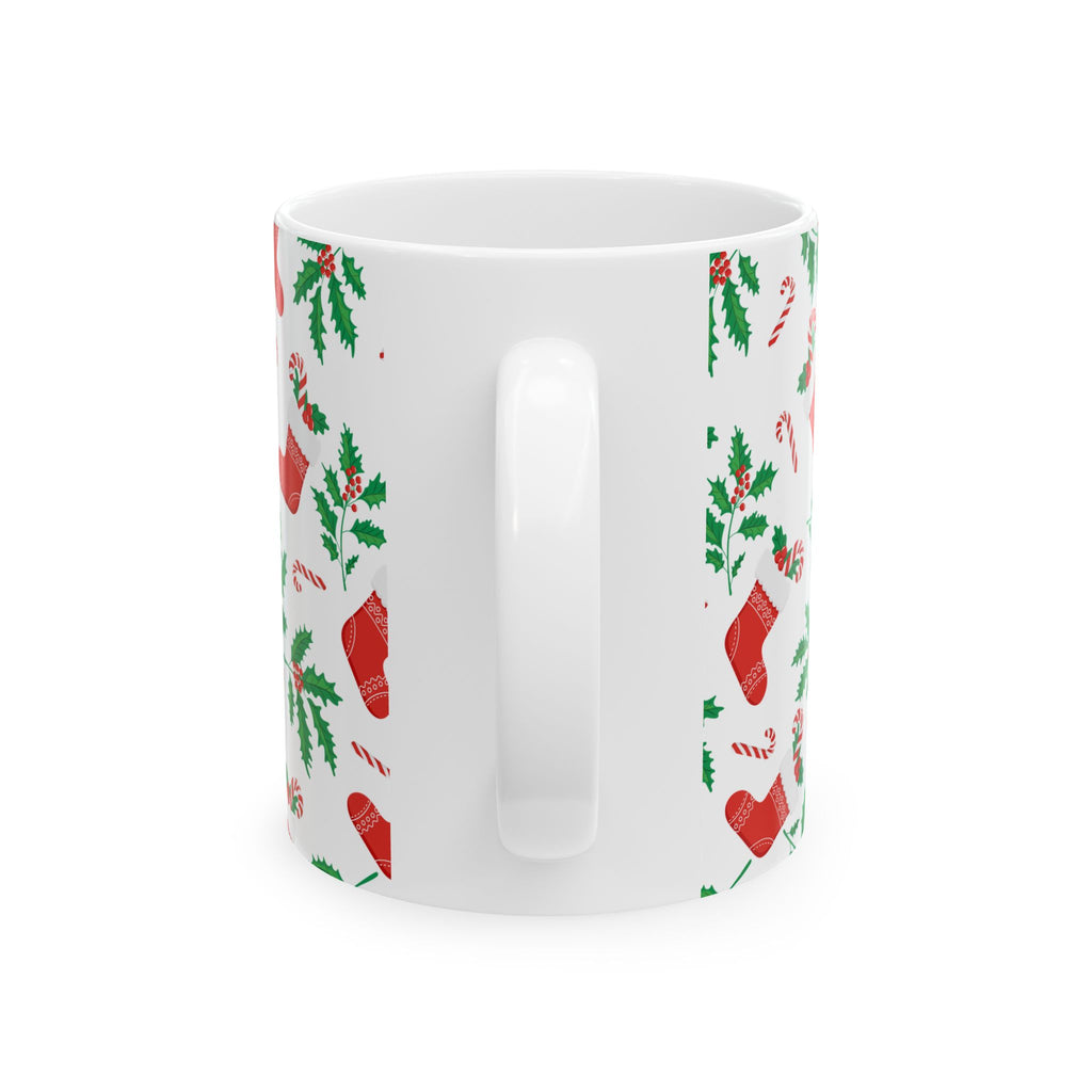 Christmas Stocking & Candy Cane Ceramic Mug — Holiday Pattern Coffee Cup (11oz, 15oz)