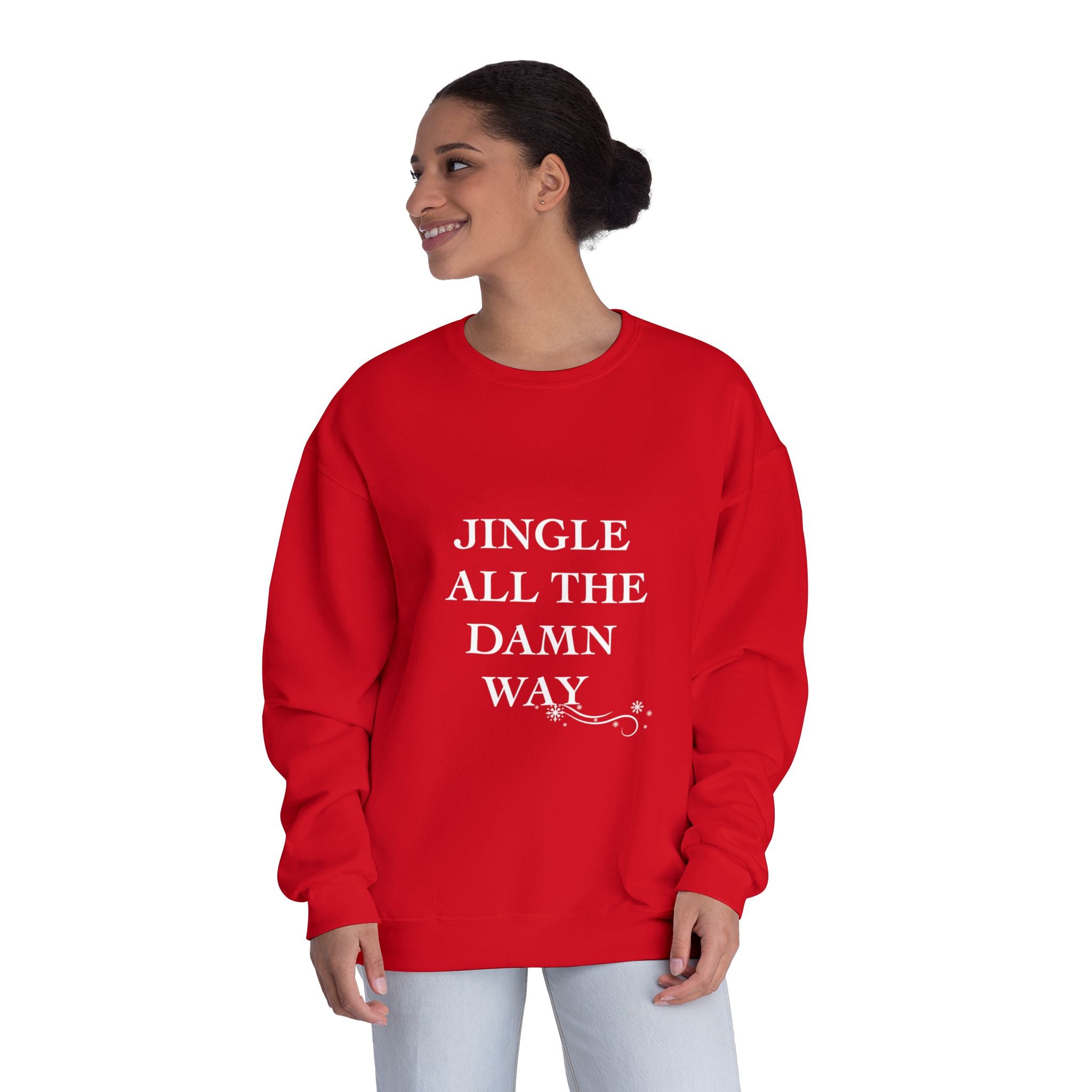 Person wearing a red sweatshirt with 'Jingle All The Damn Way' text on a white background