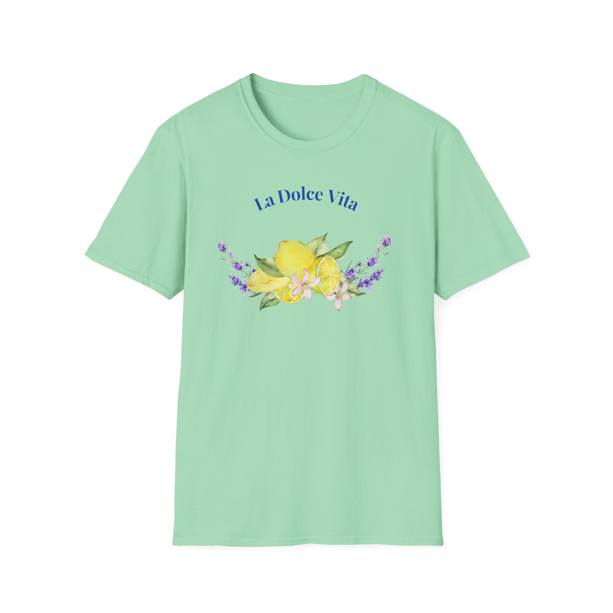 Mint green t-shirt with 'La Dolce Vita' text and floral design on a white background