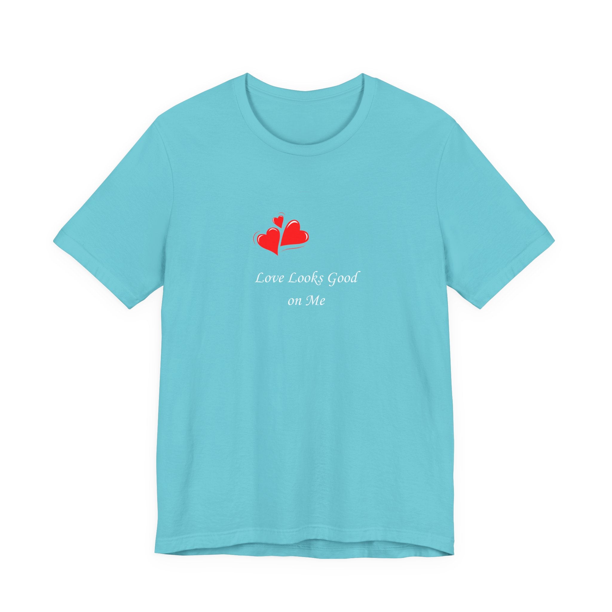 Light blue t-shirt with red heart design and text on a white background