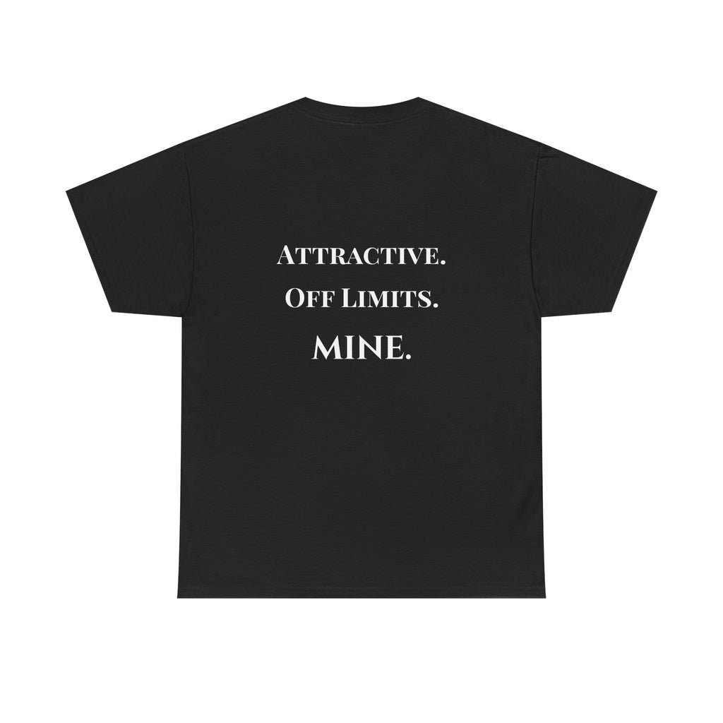 Black t-shirt with white text on a white background