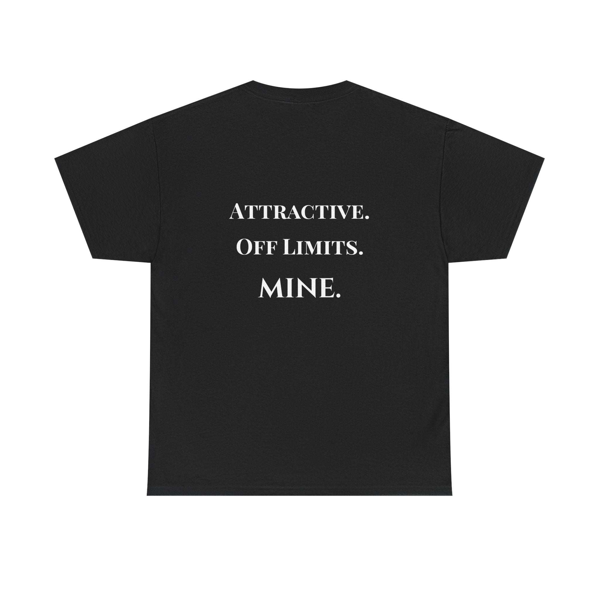 Black t-shirt with white text on a white background