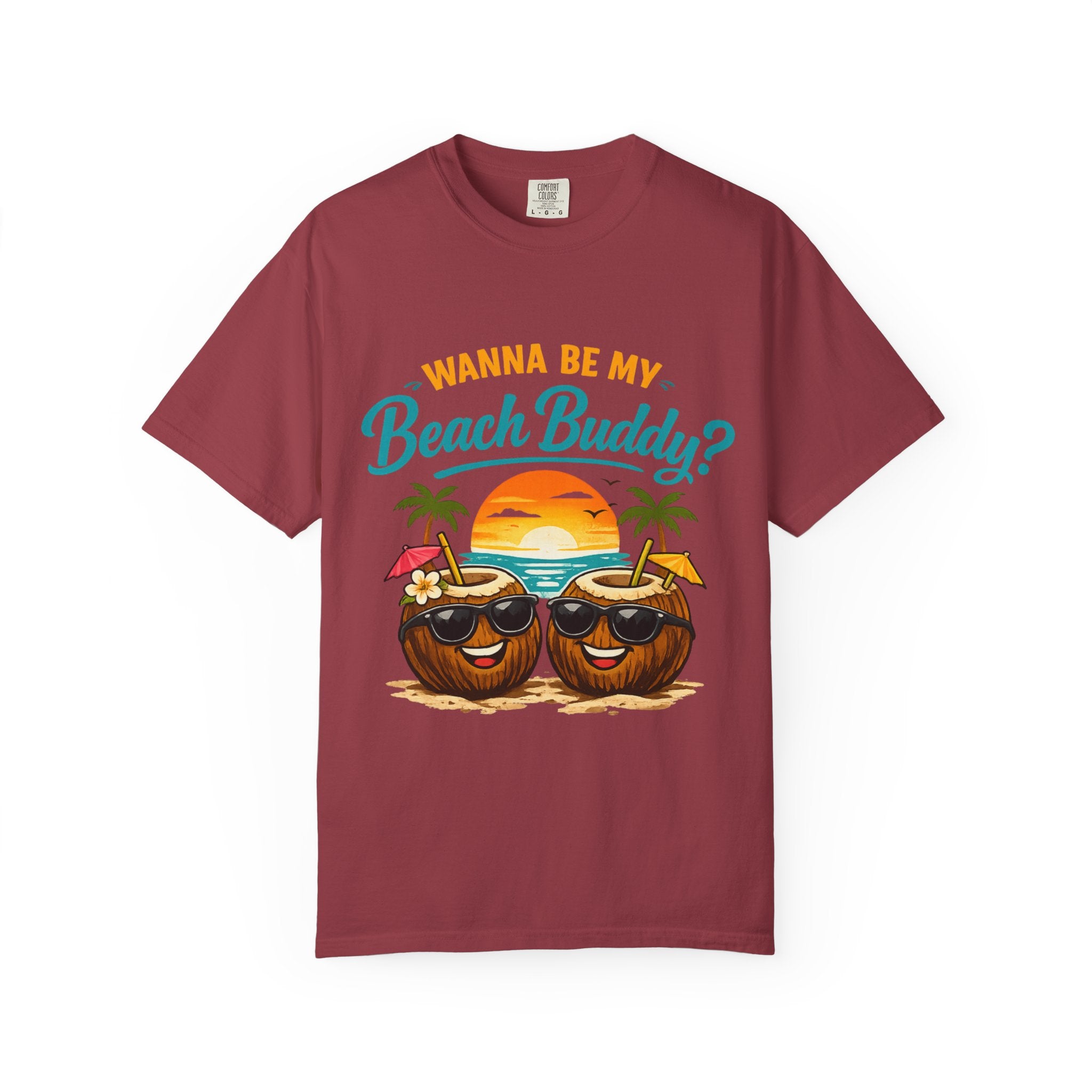 Beach Buddy T-Shirt — "Wanna Be My Beach Buddy?" Tropical Coconut Sunset Tee