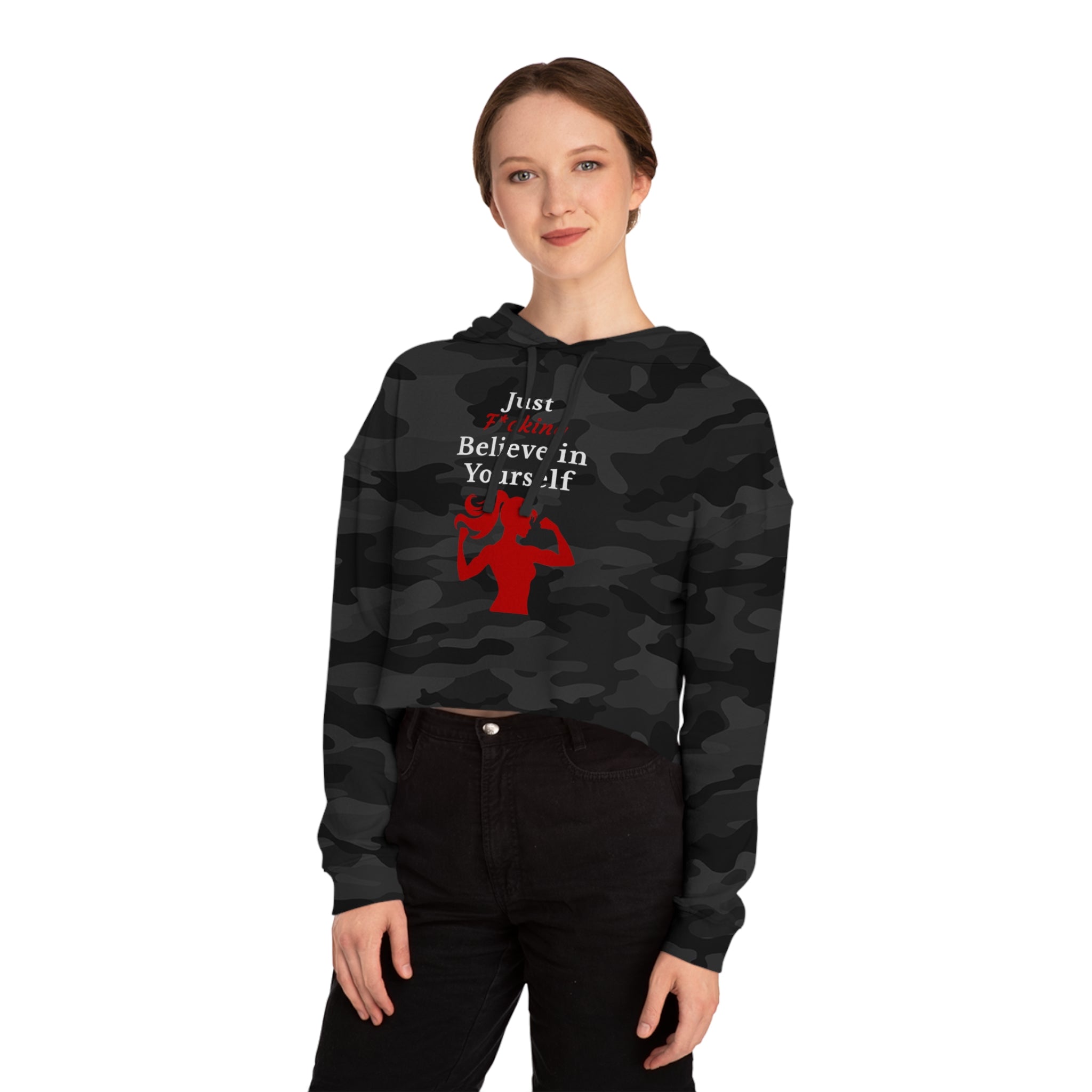 Person wearing a black camo hoodie with motivational text and red graphic on a white background