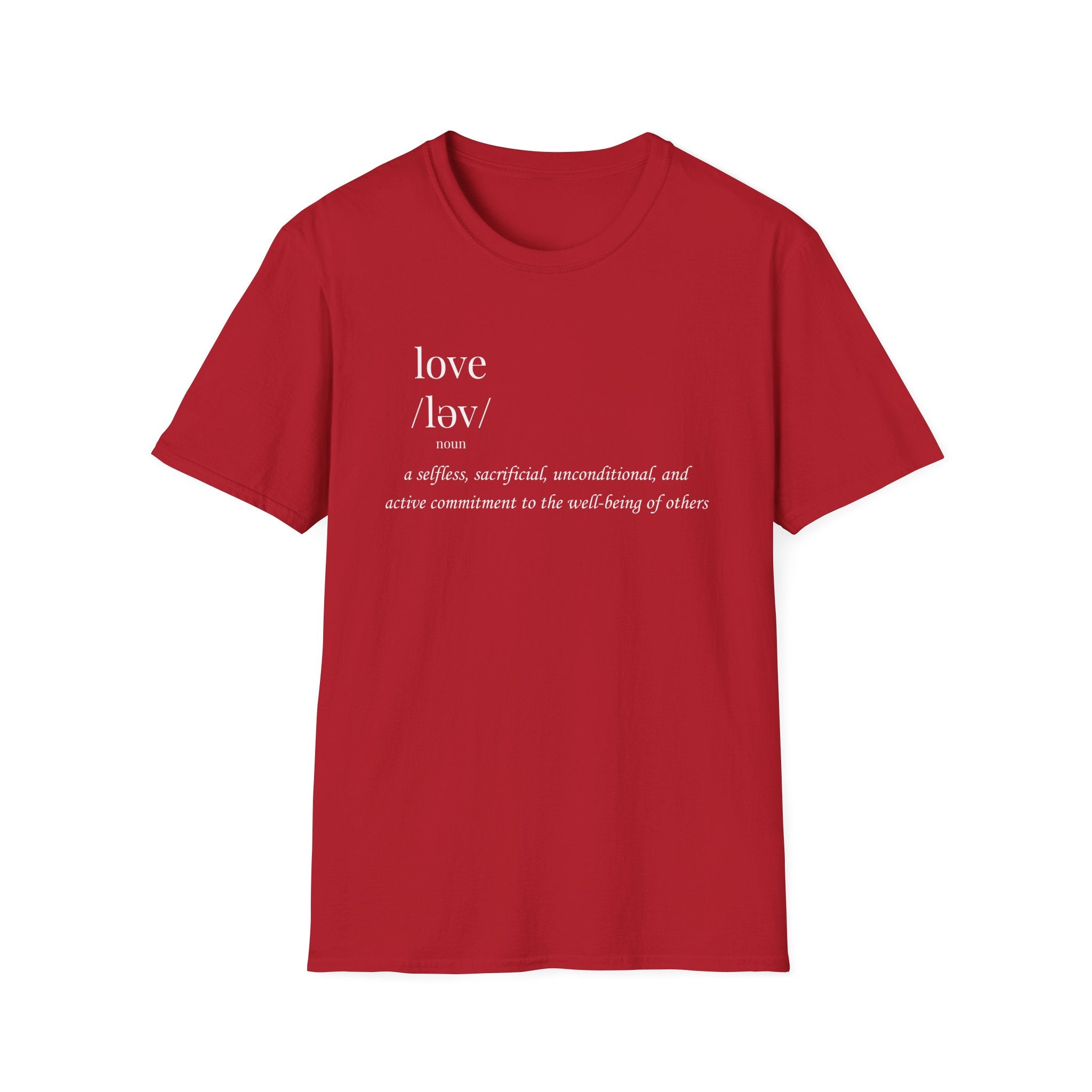 Red t-shirt with white text on a white background