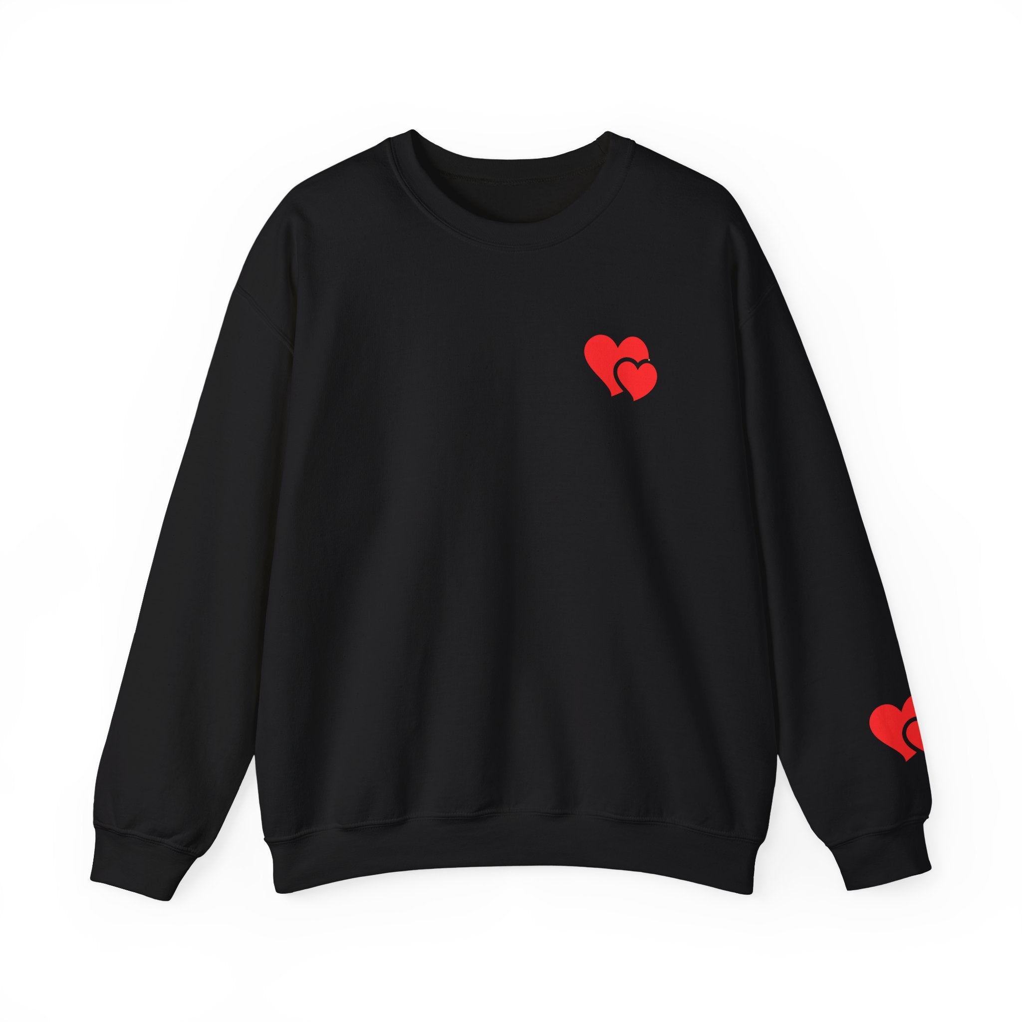 Black sweatshirt with red heart designs on a white background