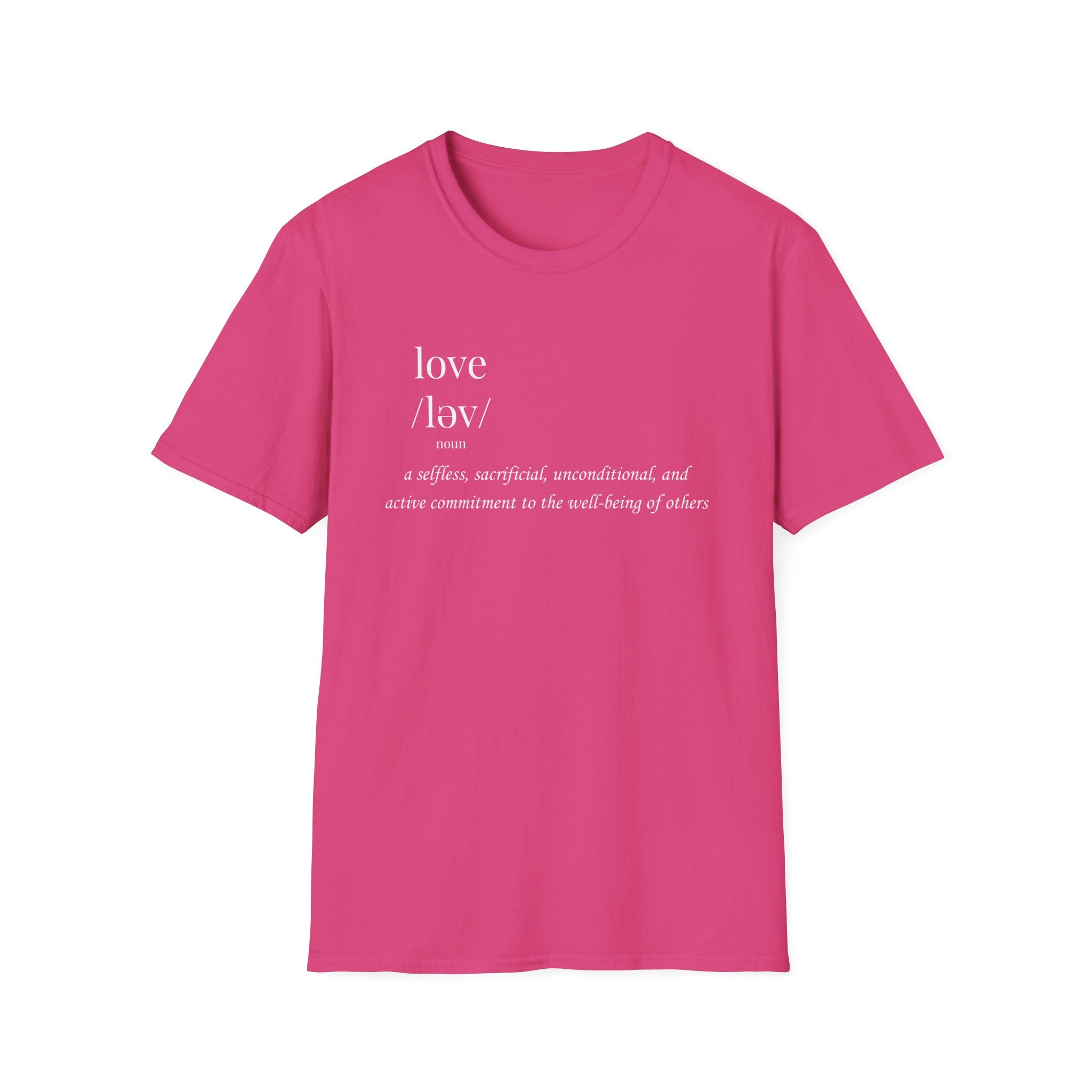 Pink t-shirt with white text on a white background