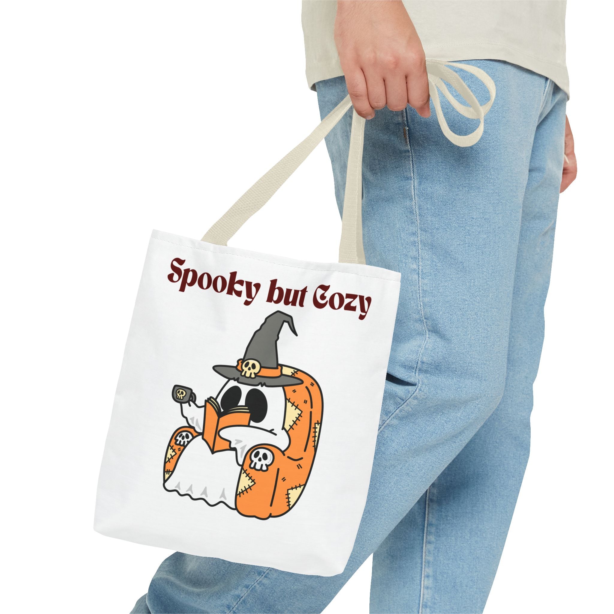 Spooky but Cozy Tote Bag | Fall Halloween Canvas Bag | Fun Gift for Witches, Ghost Lovers & Pumpkin Spice Fans