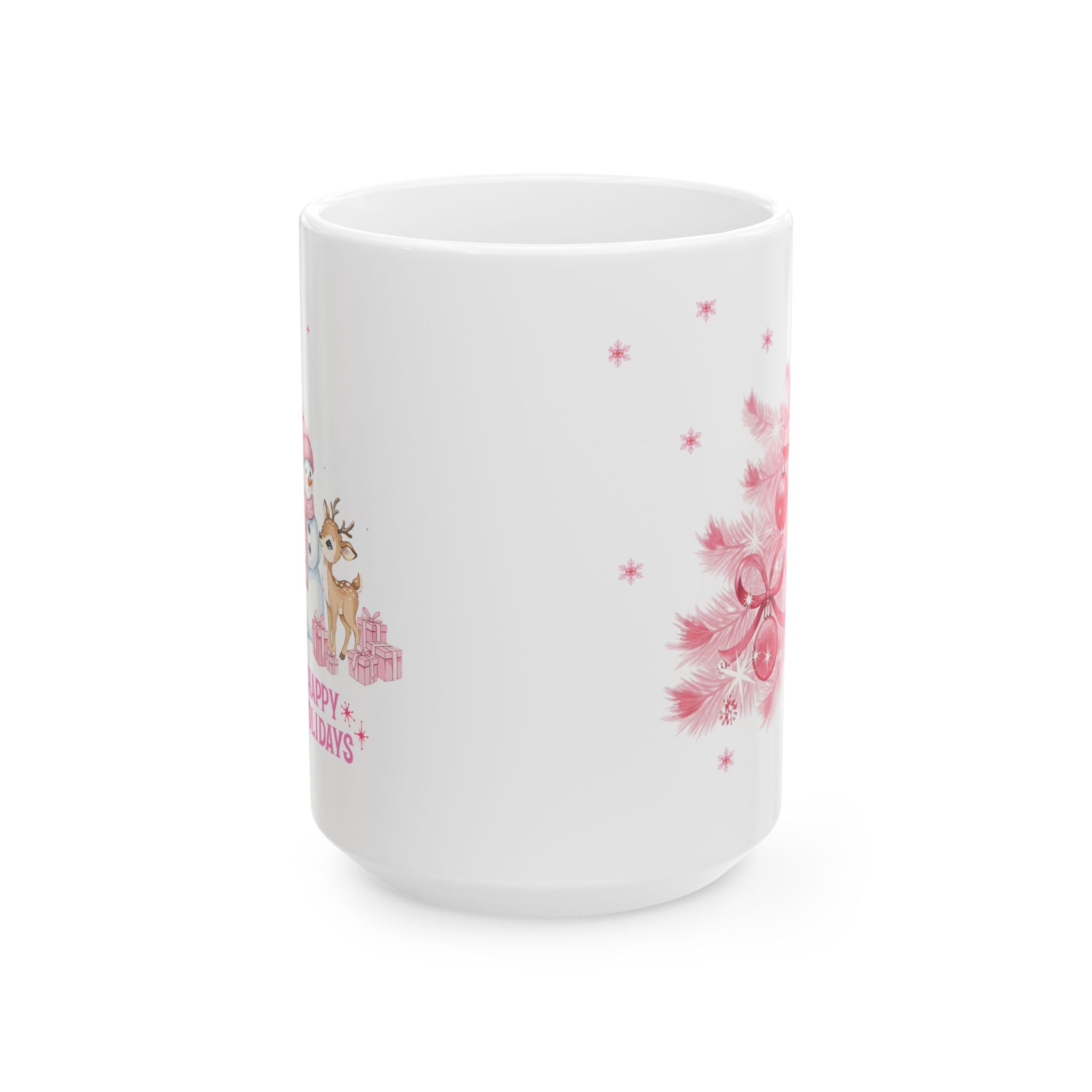 Christmas Reindeer & Pink Snowflakes Ceramic Mug (11oz, 15oz)