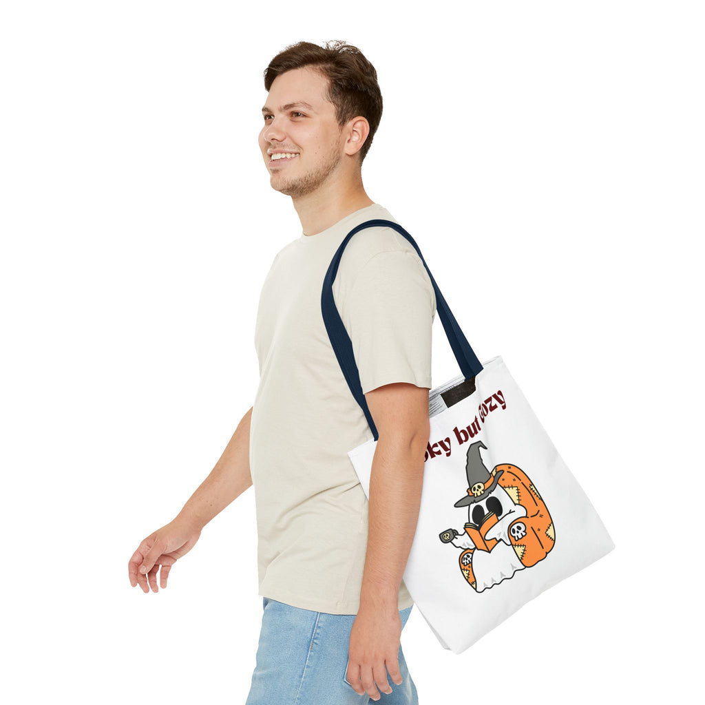 Spooky but Cozy Tote Bag | Fall Halloween Canvas Bag | Fun Gift for Witches, Ghost Lovers & Pumpkin Spice Fans