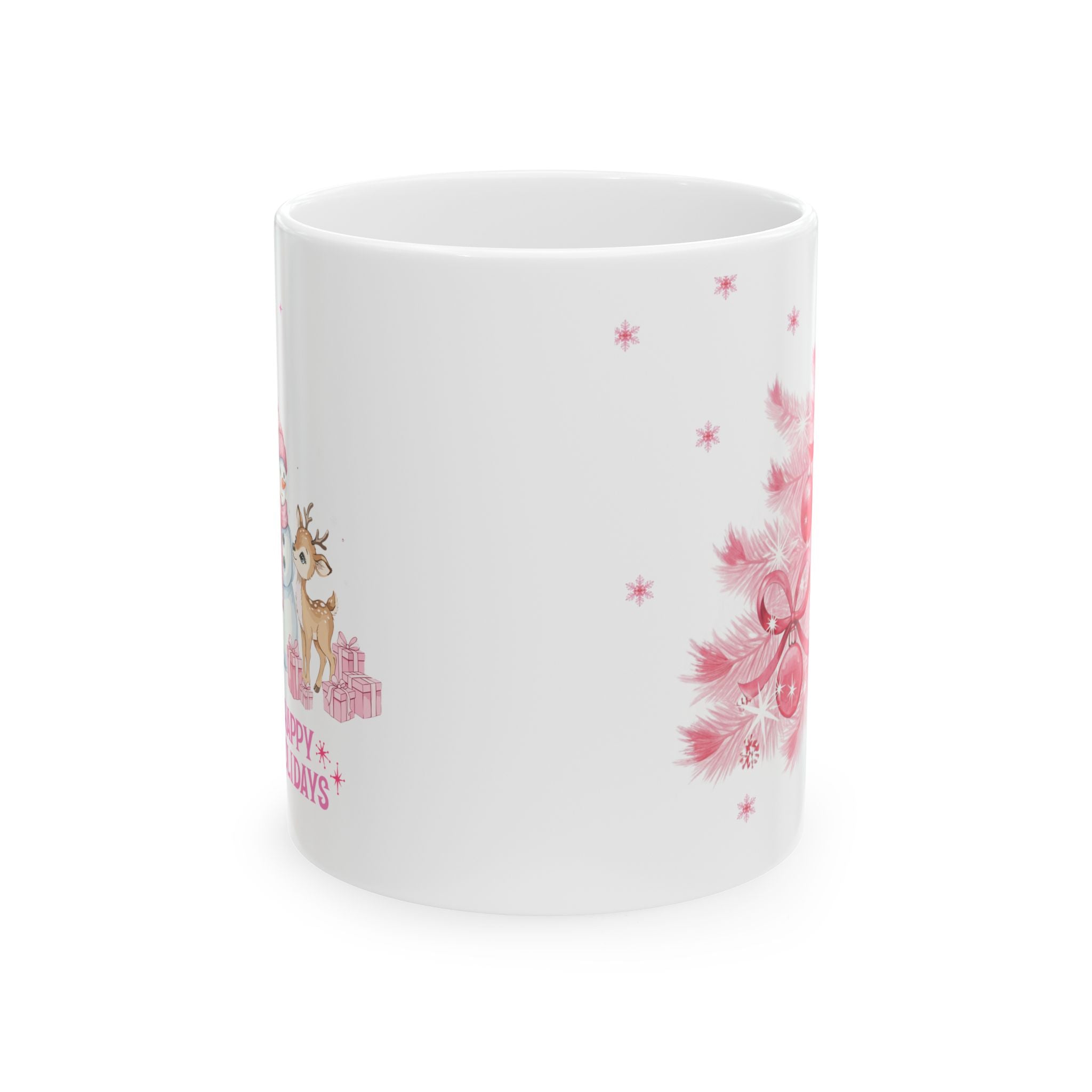 Christmas Reindeer & Pink Snowflakes Ceramic Mug (11oz, 15oz)