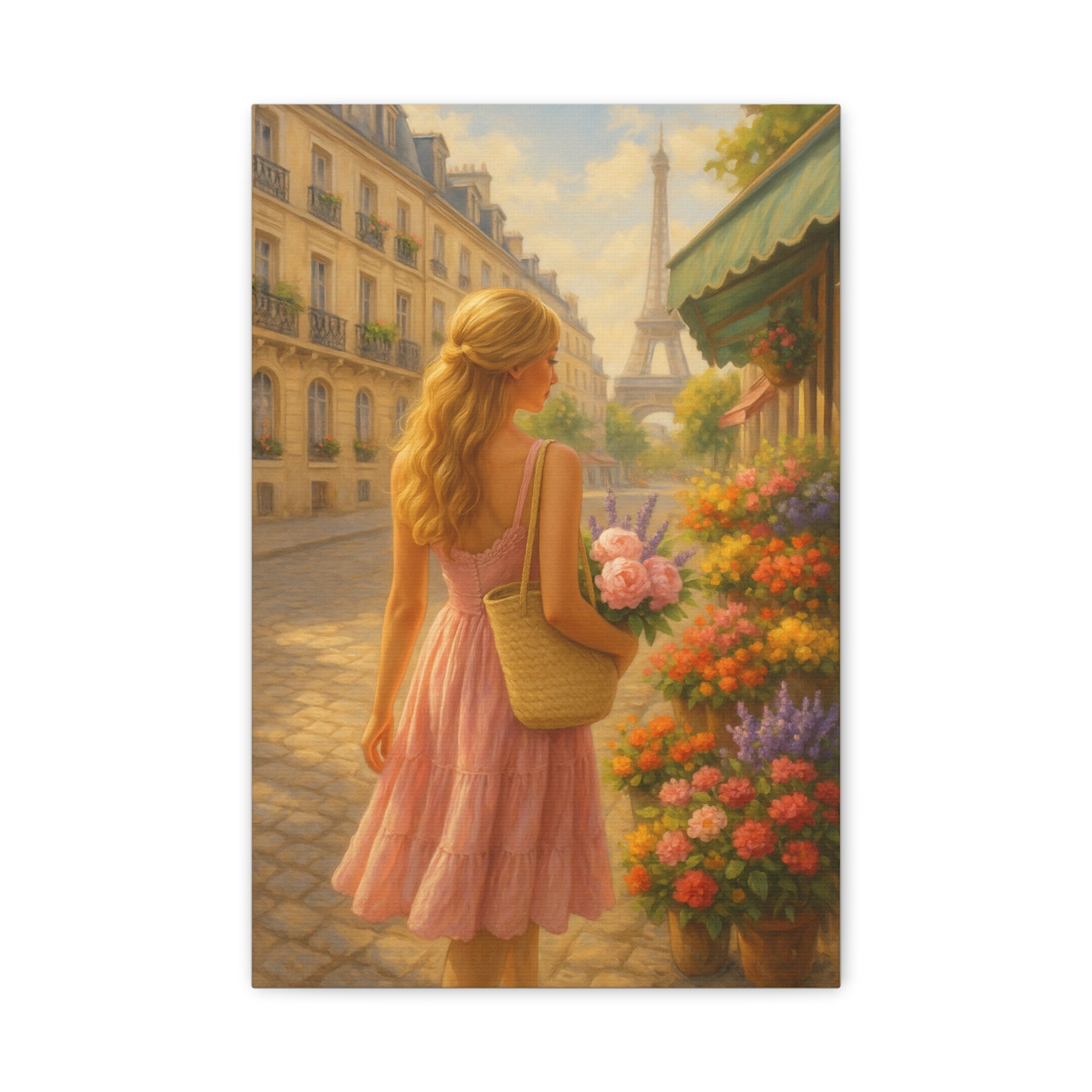 Woman in a pink dress with a yellow bag walking down a Paris street with the Eiffel Tower in the background.