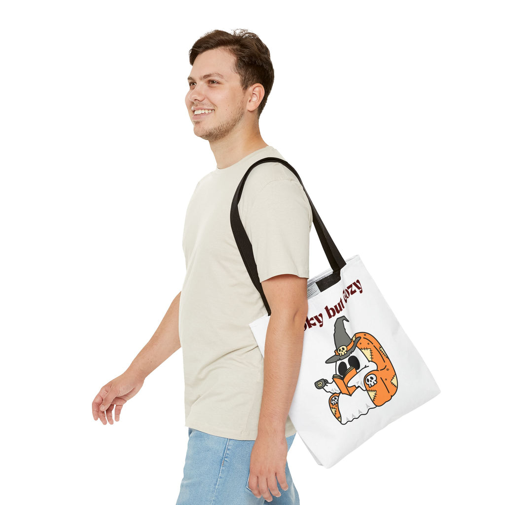 Spooky but Cozy Tote Bag | Fall Halloween Canvas Bag | Fun Gift for Witches, Ghost Lovers & Pumpkin Spice Fans