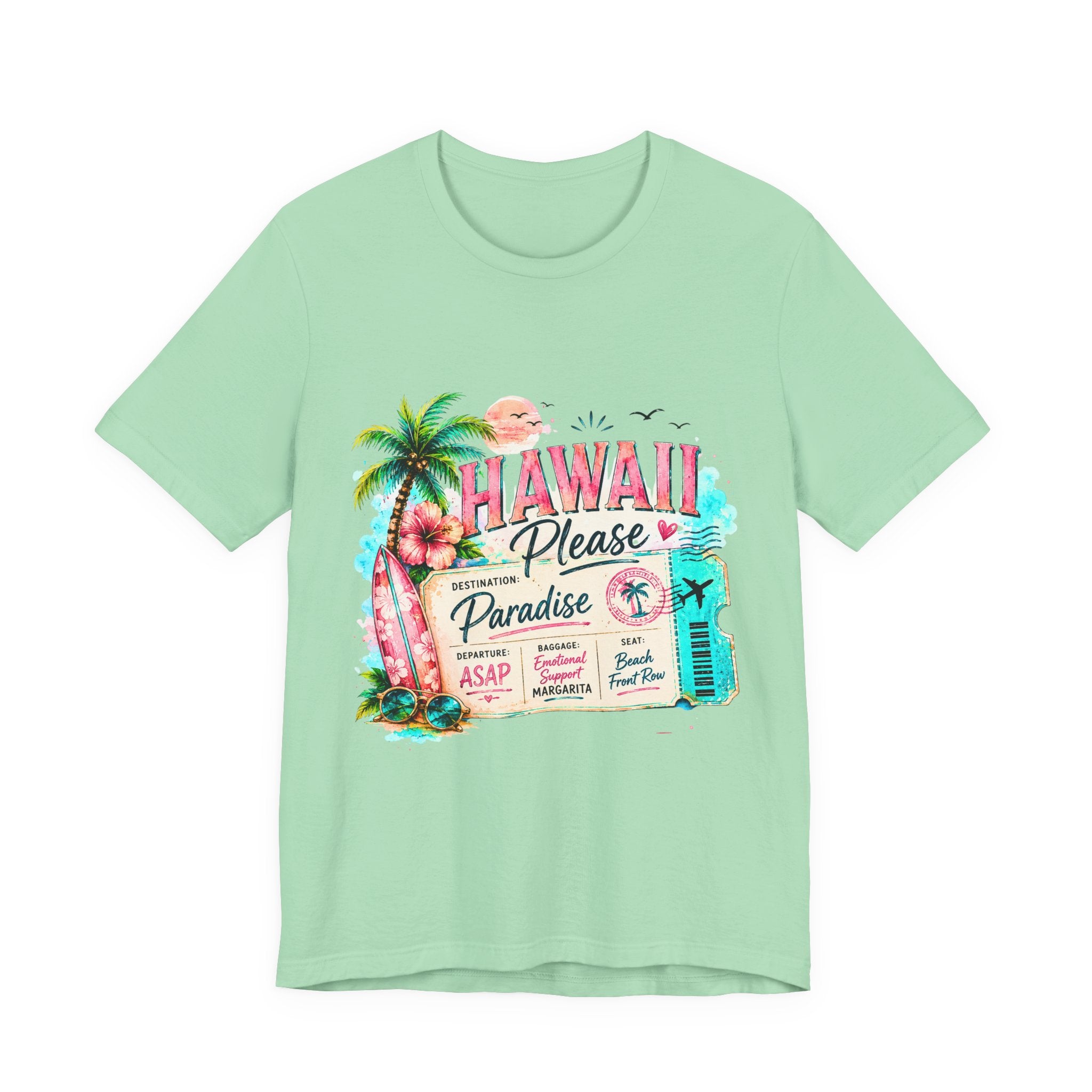 Light green t-shirt with tropical design and 'Hawaii Please' text on a white background