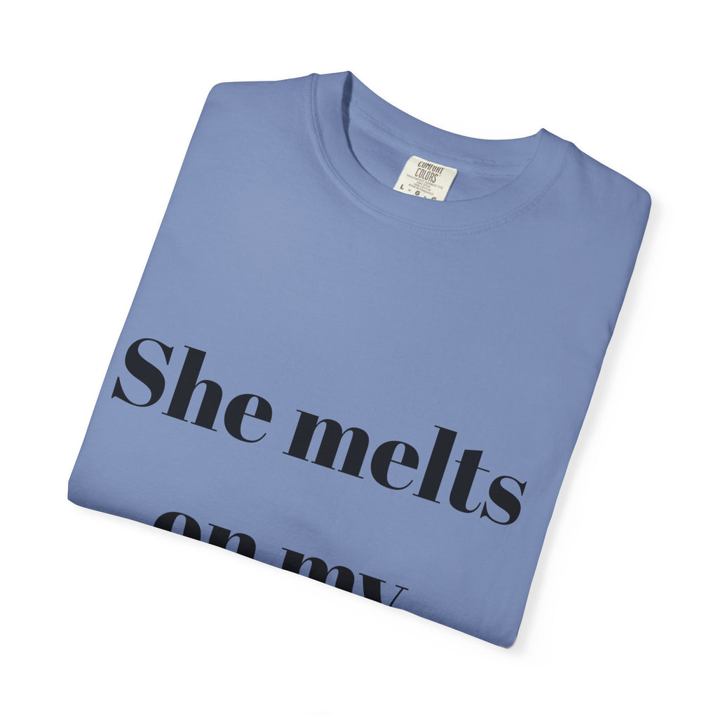Funny Couple T-Shirt | She Melts on My Tongue Tee | Naughty Gift for Him | Cheeky Matching Shirt for Couples | Bold Statement Shirt