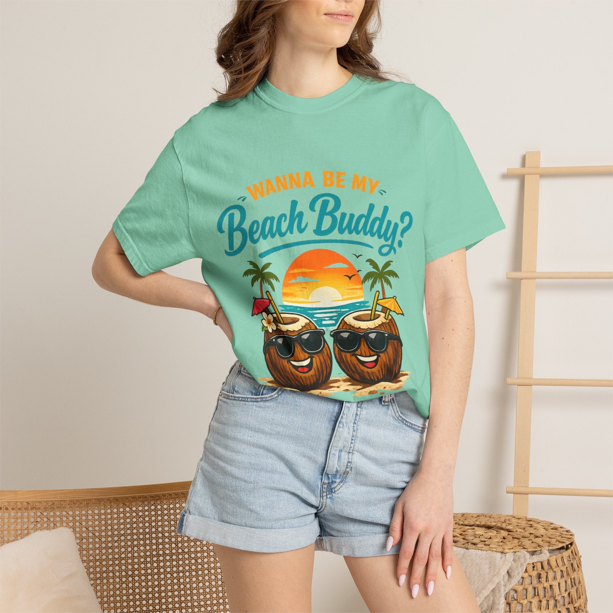 Beach Buddy T-Shirt — "Wanna Be My Beach Buddy?" Tropical Coconut Sunset Tee