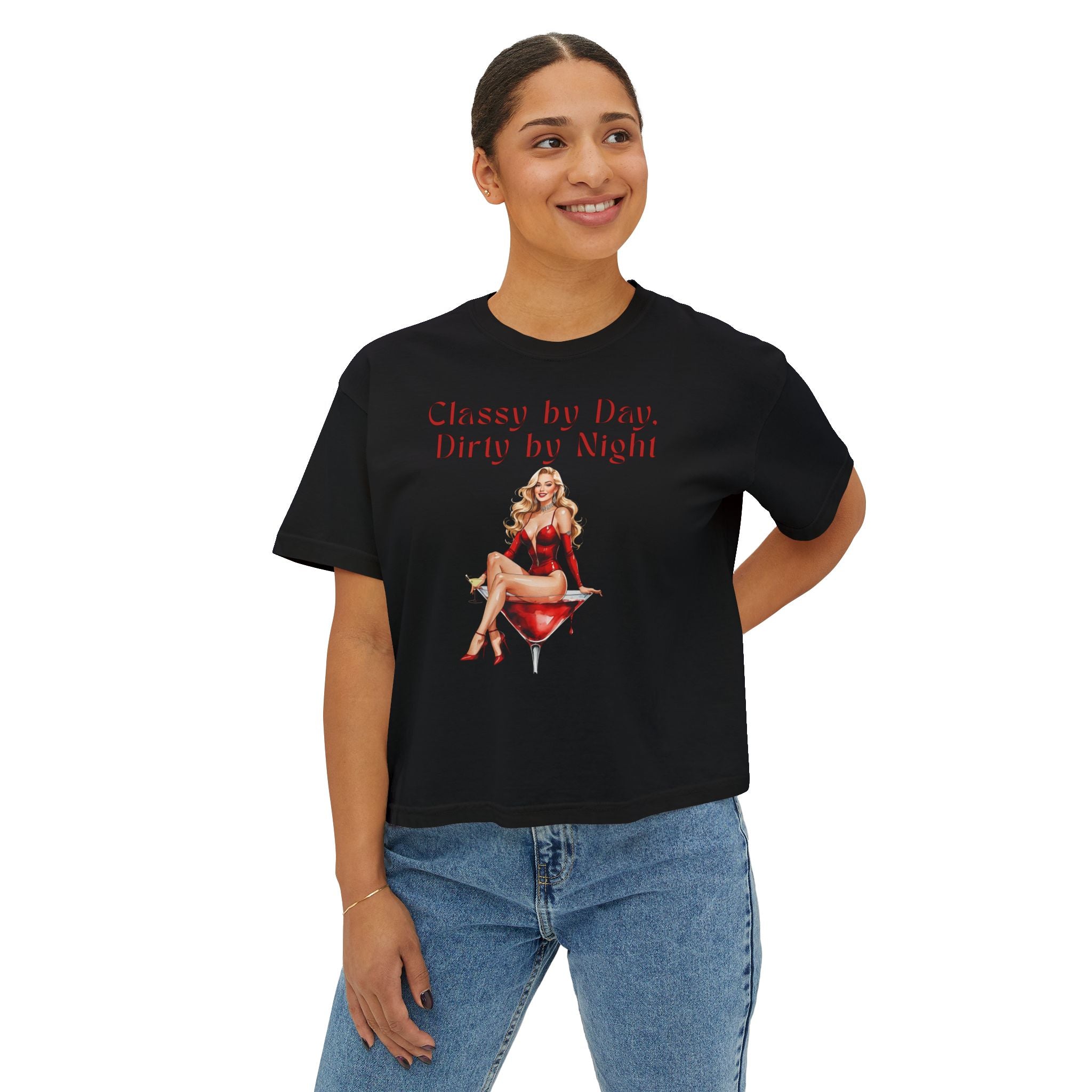 Person wearing a black t-shirt with a graphic design and text on a white background