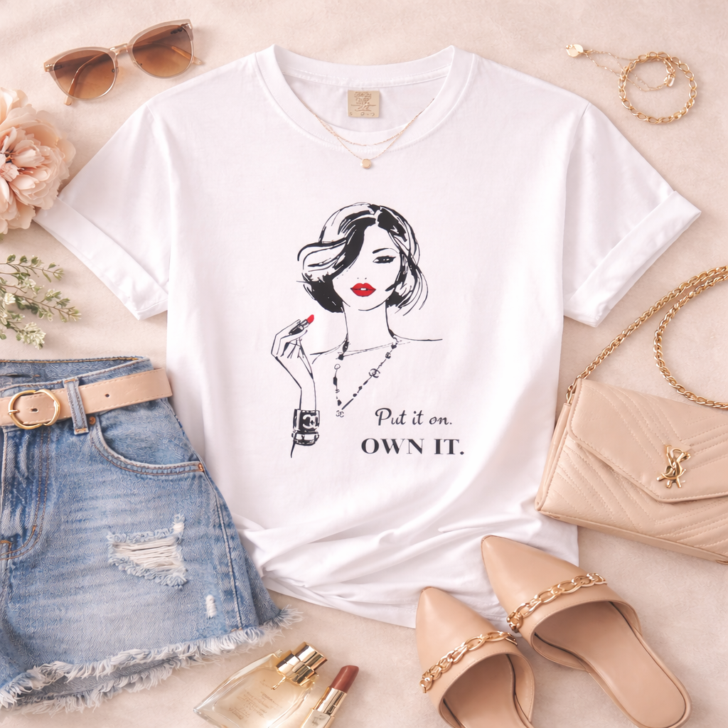 White t-shirt with a graphic design and text, surrounded by accessories on a light background