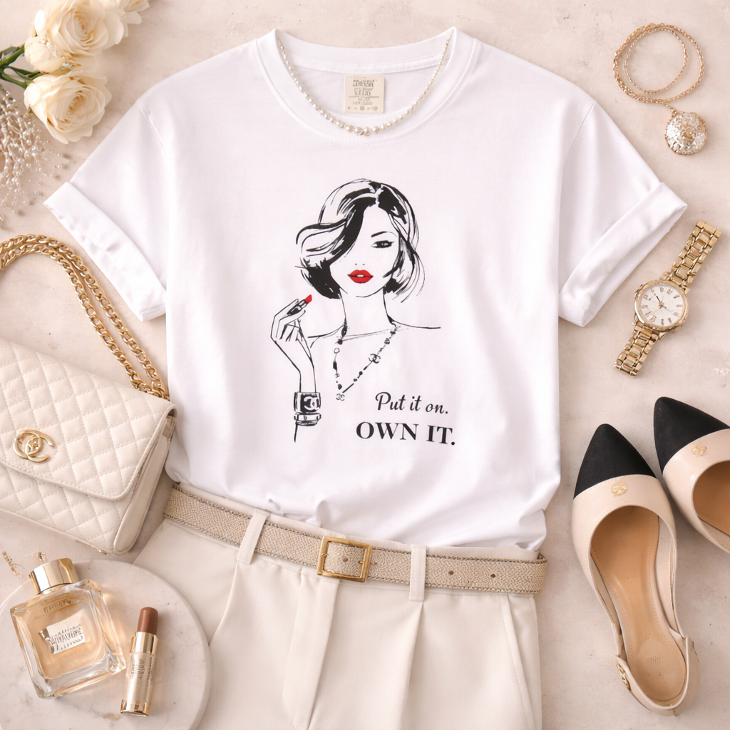 White t-shirt with a graphic design and text, surrounded by accessories on a light background