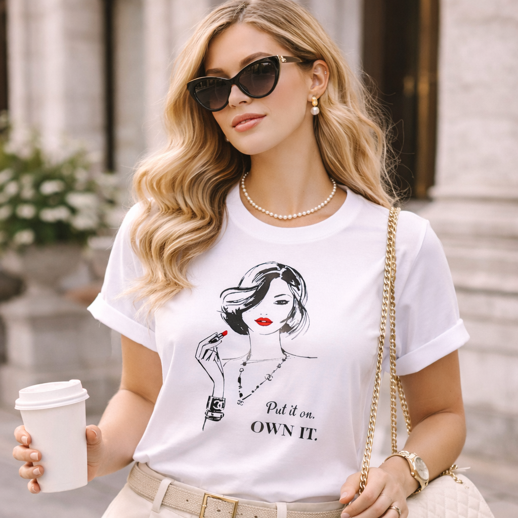 Woman wearing a white t-shirt with a graphic design and text, holding a coffee cup outdoors.