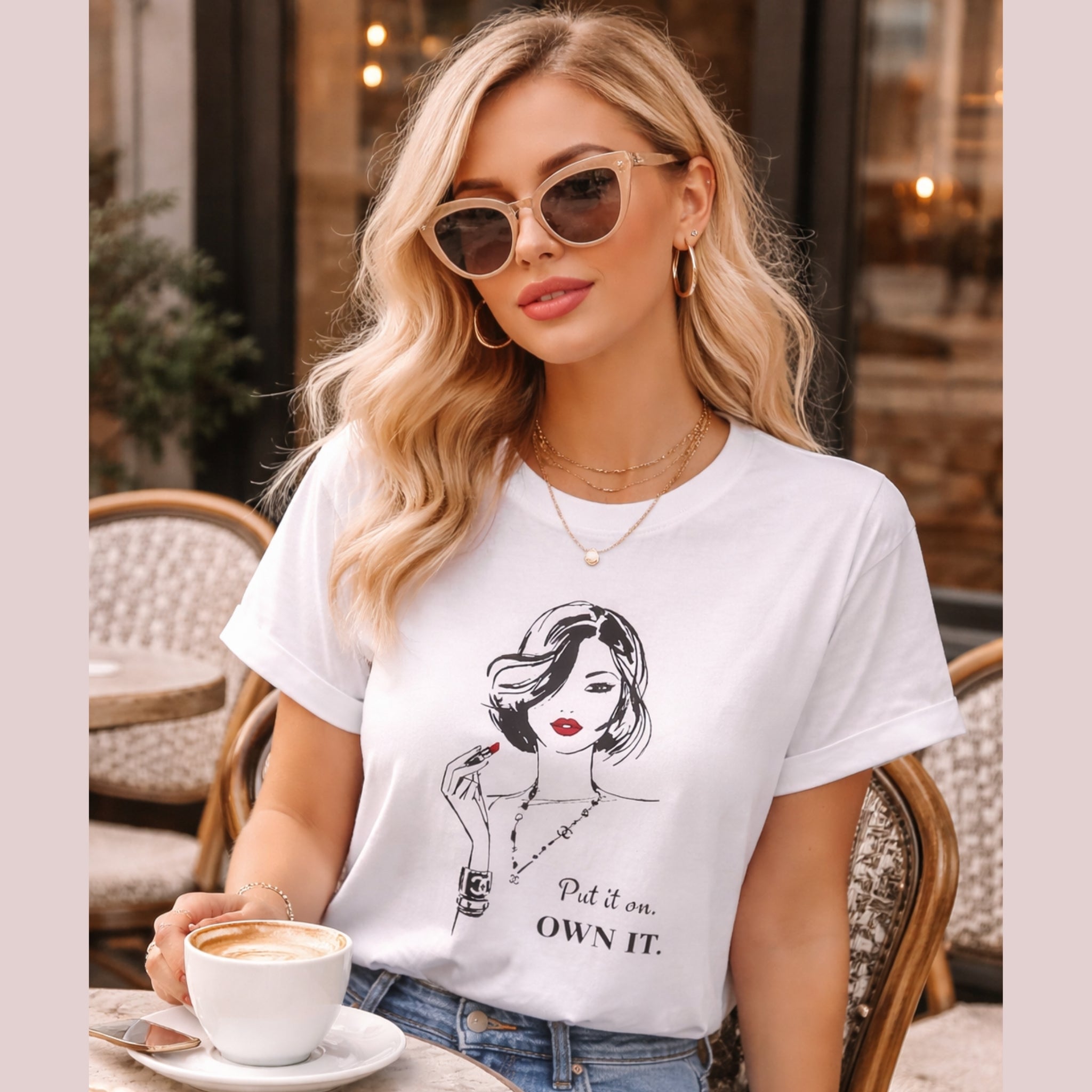 Woman wearing a white t-shirt with a graphic design, sitting at an outdoor cafe.