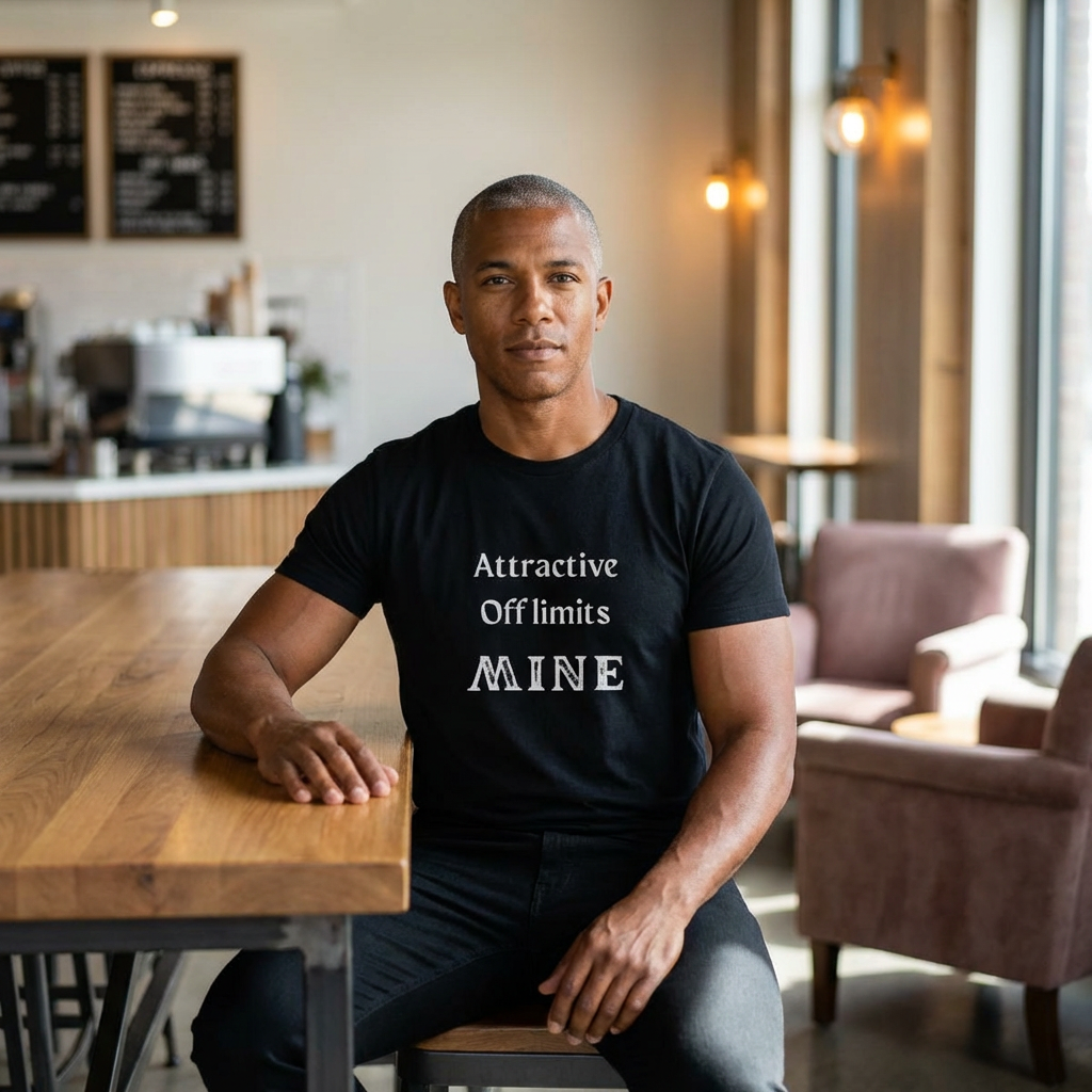 Man sitting at a table in a cafe wearing a black t-shirt with text.
