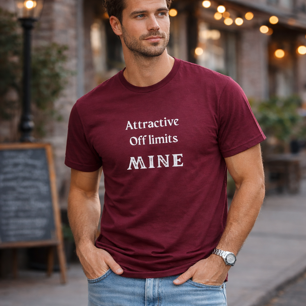 Man wearing a maroon t-shirt with text standing outdoors.