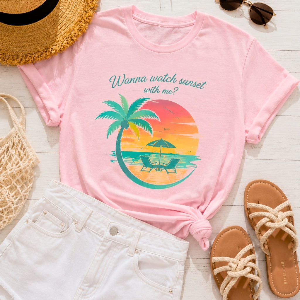 Wanna Watch Sunset With Me? Tropical Beach Graphic Tee