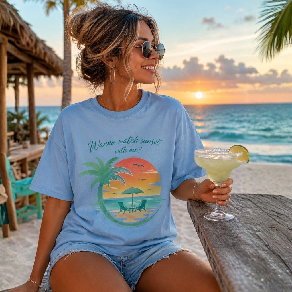 Wanna Watch Sunset With Me? Tropical Beach Graphic Tee