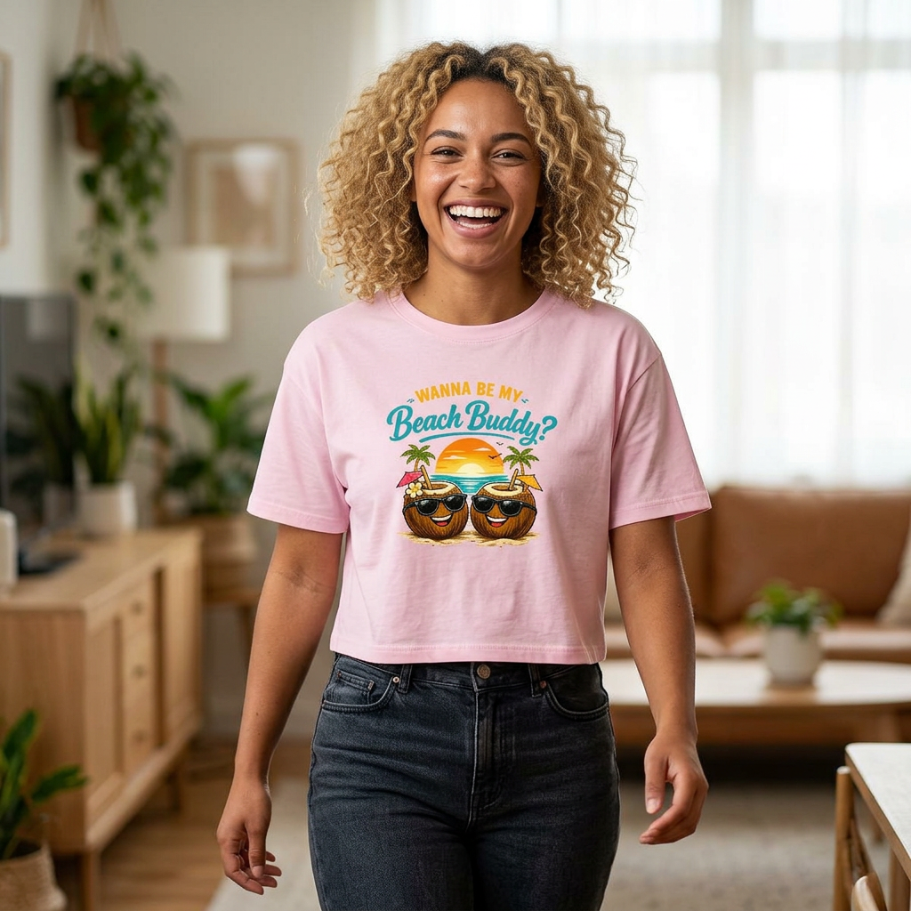 Woman wearing a pink t-shirt with a beach-themed graphic in a living room.
