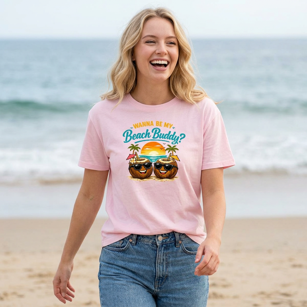 Woman wearing a pink t-shirt with 'Beach Buddy' design on a beach