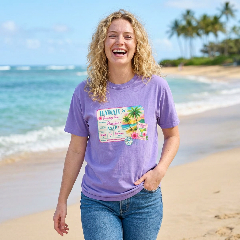 Woman wearing a purple t-shirt with a Hawaii graphic on a beach