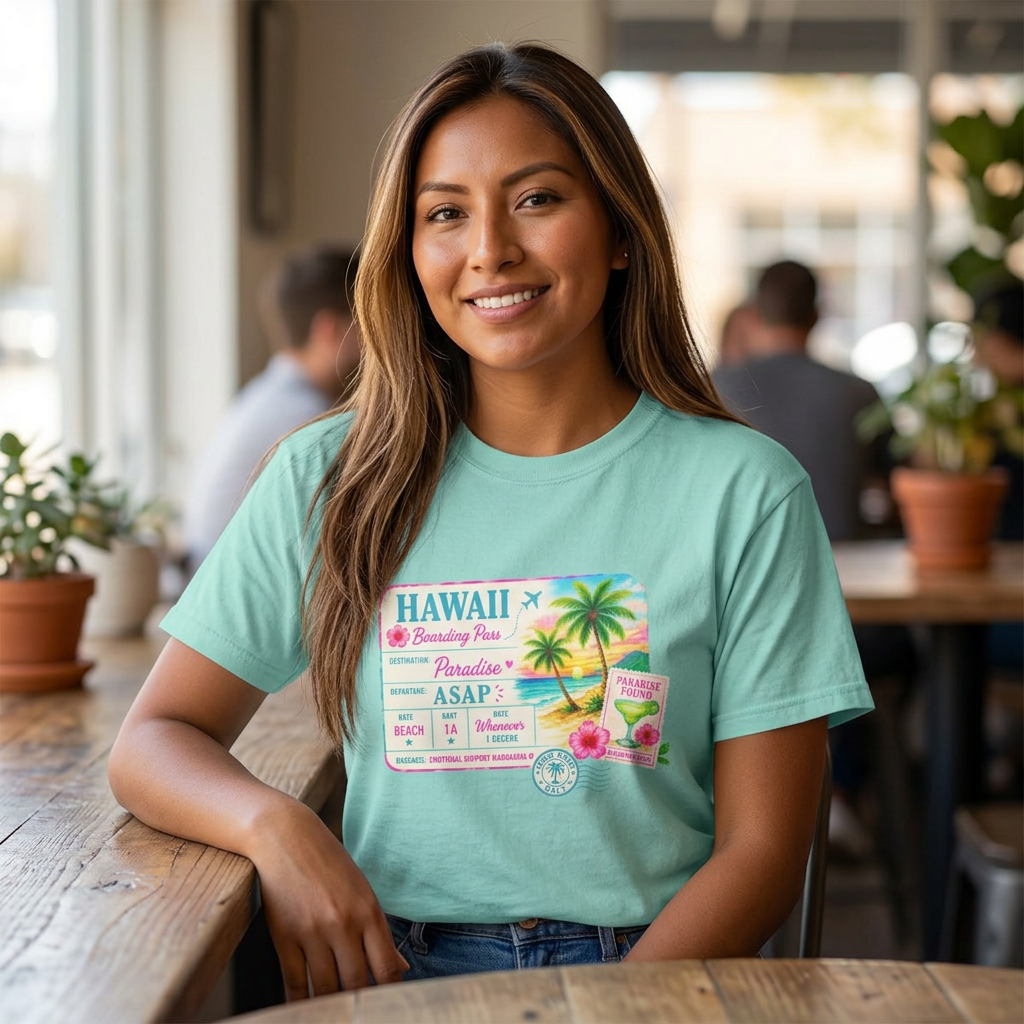 Woman wearing a teal t-shirt with a Hawaii-themed design in a casual setting.