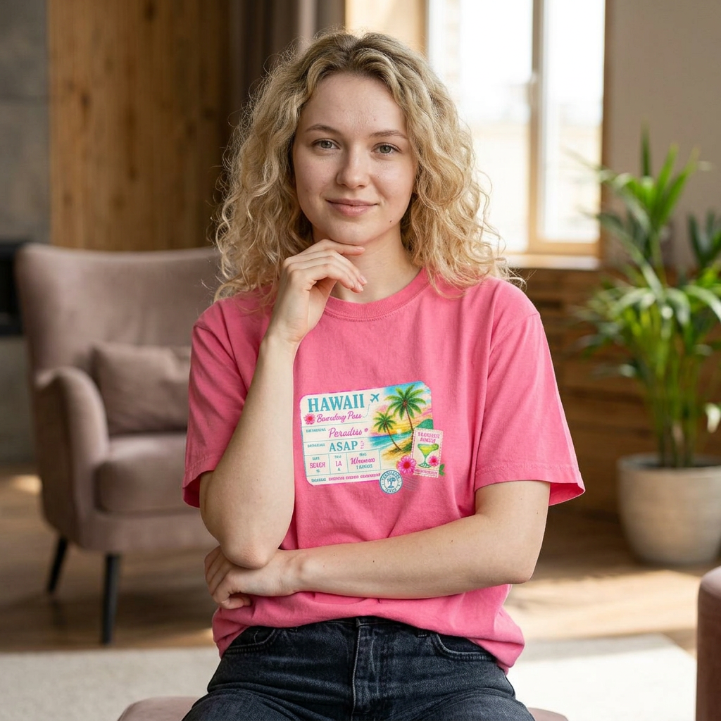 Woman wearing a pink t-shirt with a Hawaii graphic design in a room with a couch and plant.